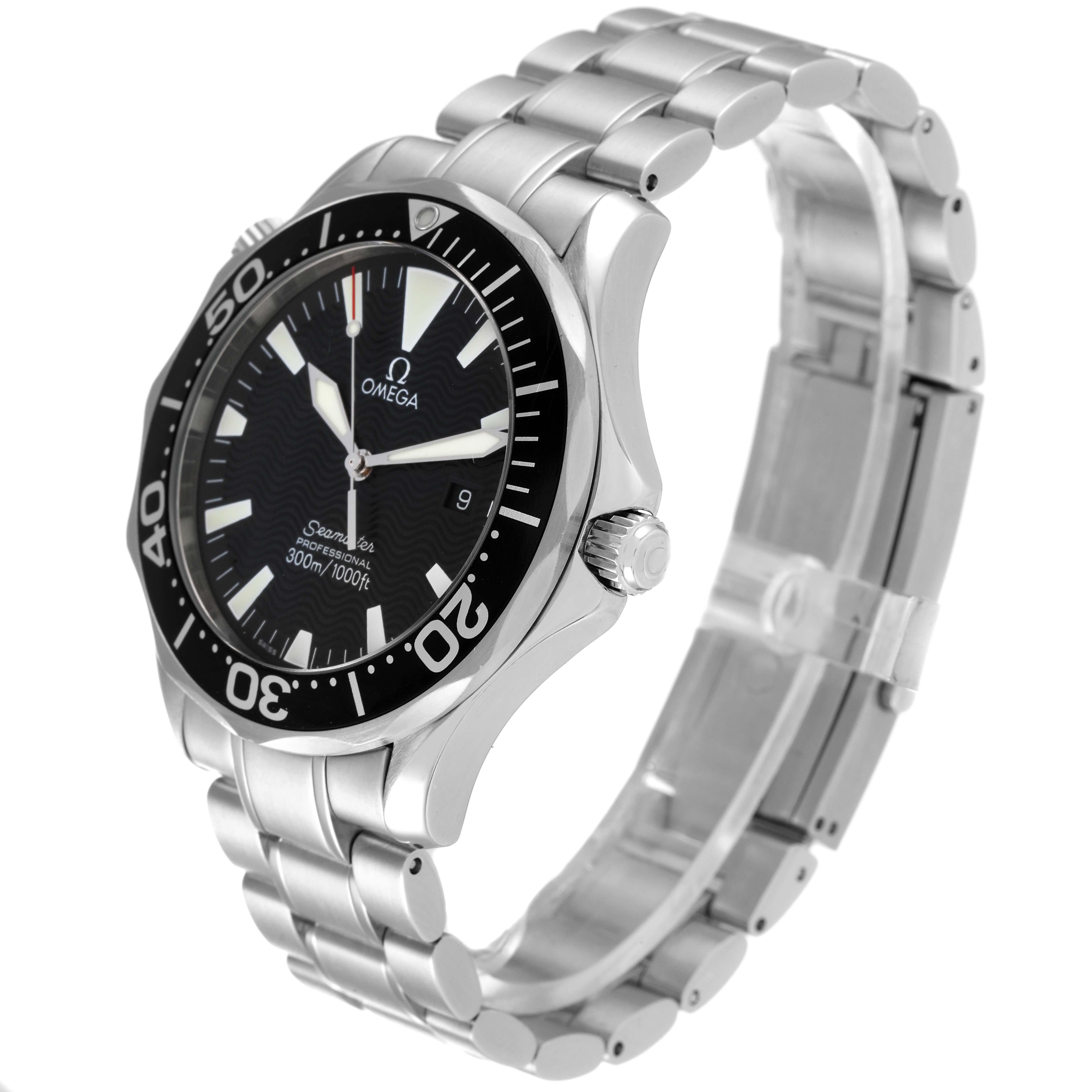The Omega Seamaster 2264.50.00 Men's Stainless Steel Black Dial 2264.50.00 Men's Stainless Steel Black Dial watch is shown from a three-quarter side angle, displaying the face, bezel, crown, and metal bracelet.