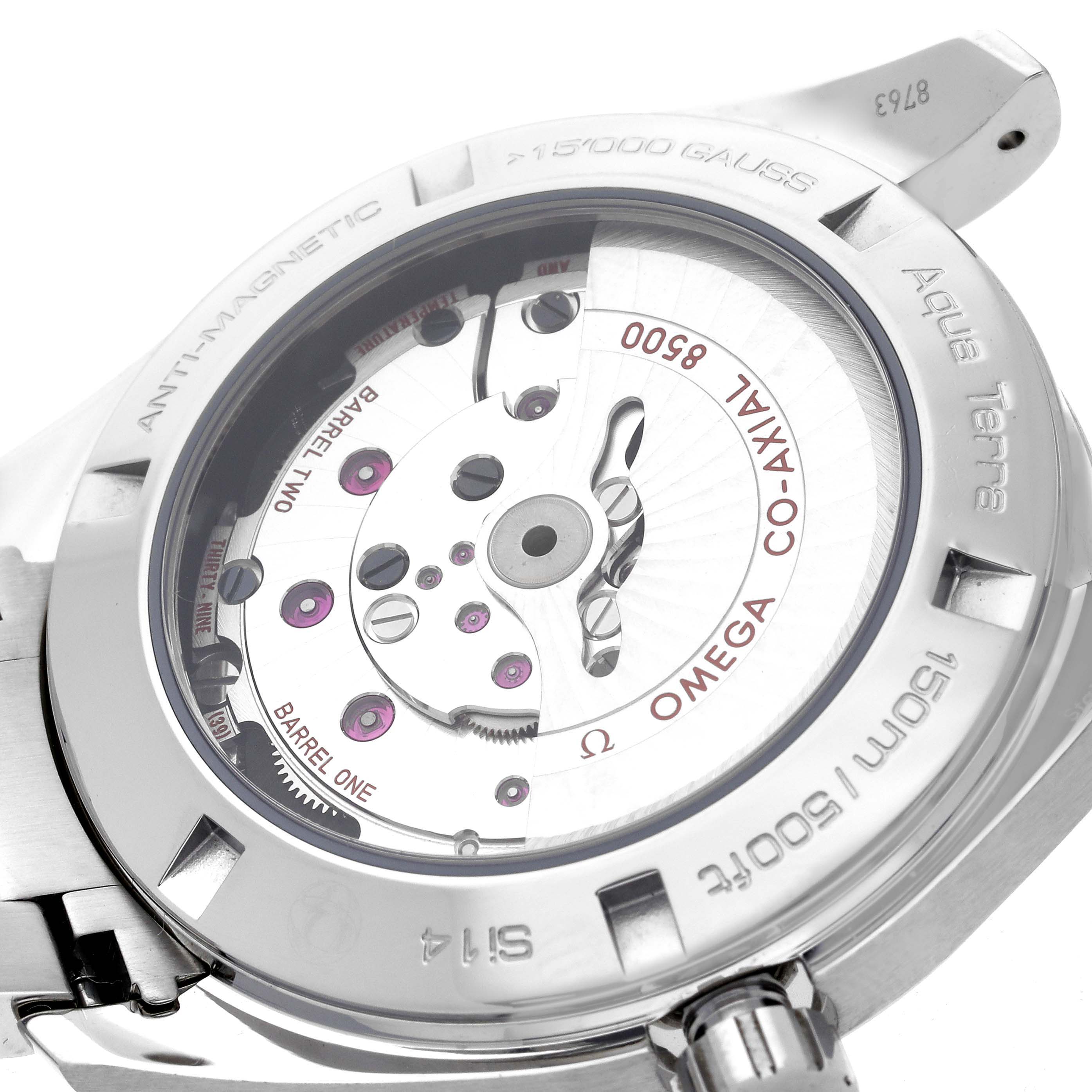 The image shows the back view of the Omega Aqua Terra 231.10.42.21.01.003 Men's Stainless Steel Black Dial 231.10.42.21.01.003 Men's Stainless Steel Black Dial watch, displaying its Co-Axial movement and sapphire case back.