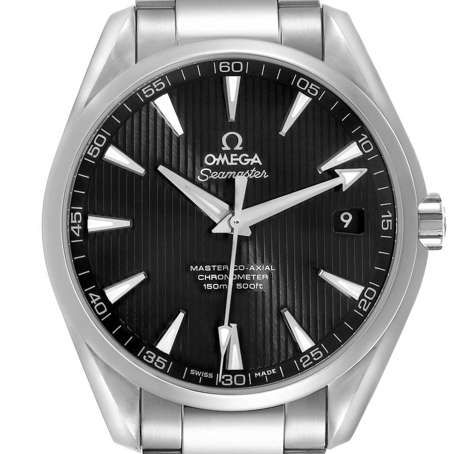 The Omega Aqua Terra model is shown head-on, displaying the dial, hands, indices, bezel, crown, and part of the bracelet.