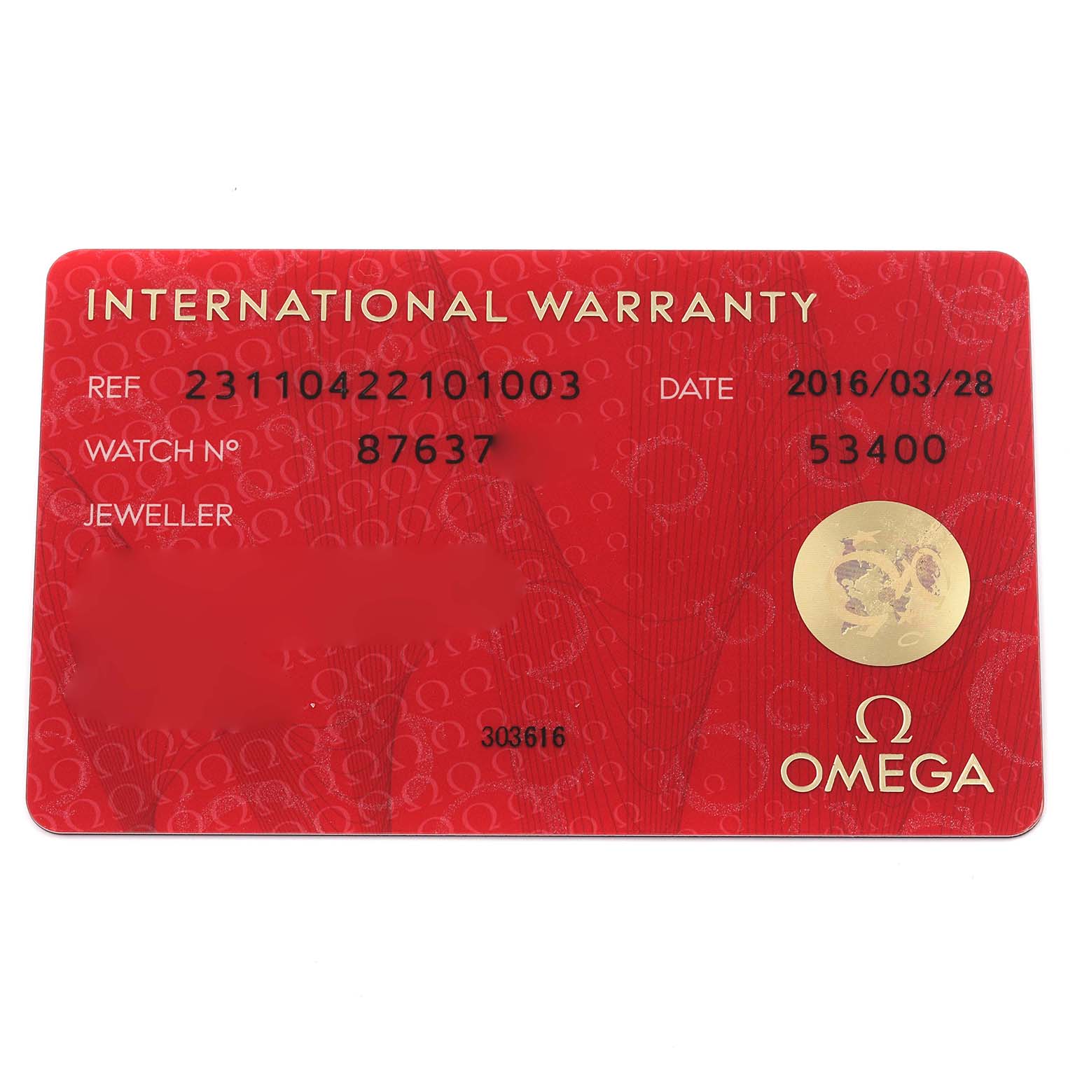 The image shows the warranty card for an Omega Aqua Terra 231.10.42.21.01.003 Men's Stainless Steel Black Dial 231.10.42.21.01.003 Men's Stainless Steel Black Dial watch.