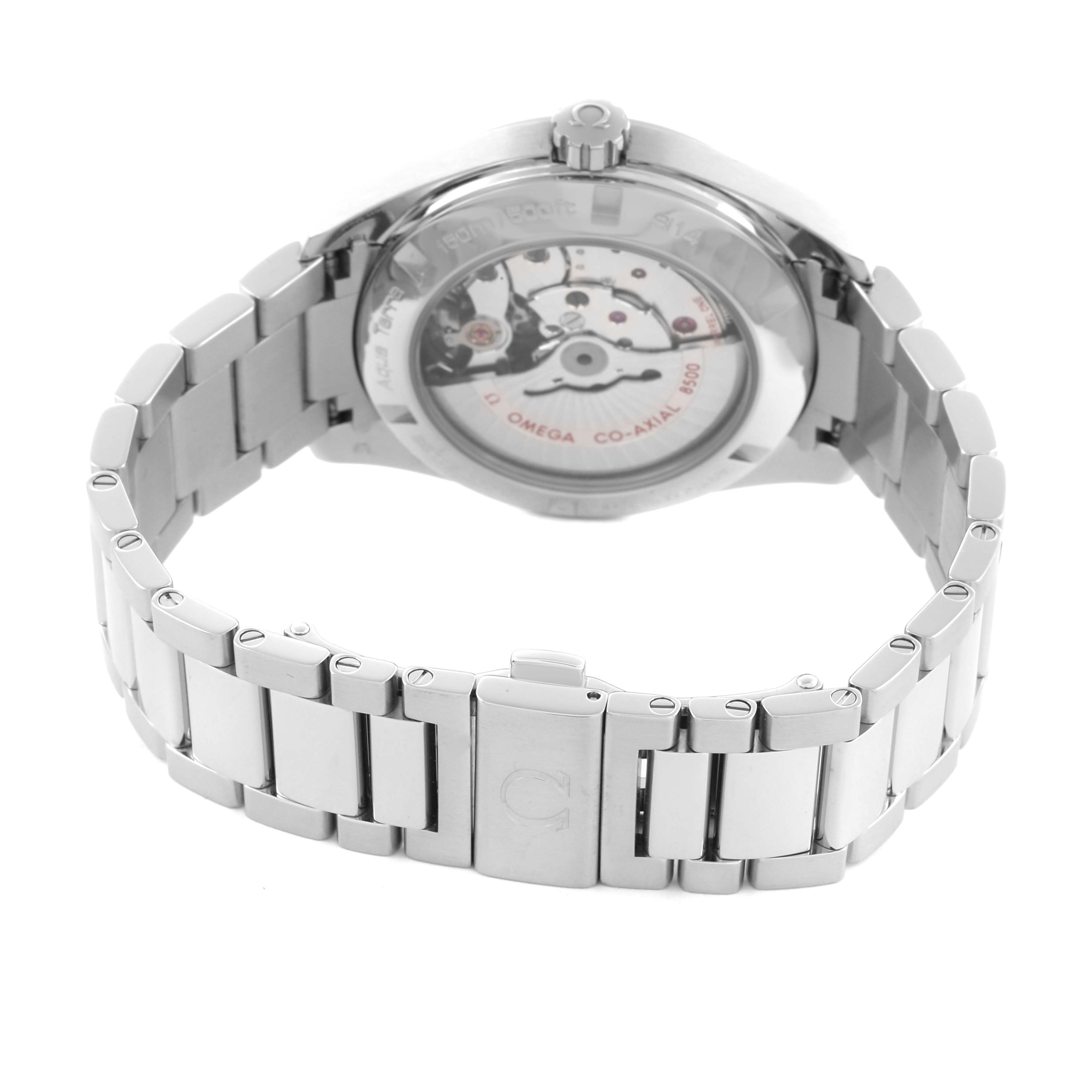 The Omega Aqua Terra 231.10.42.21.01.003 Men's Stainless Steel Black Dial 231.10.42.21.01.003 Men's Stainless Steel Black Dial watch is shown from the back, displaying the movement and the full metal bracelet.