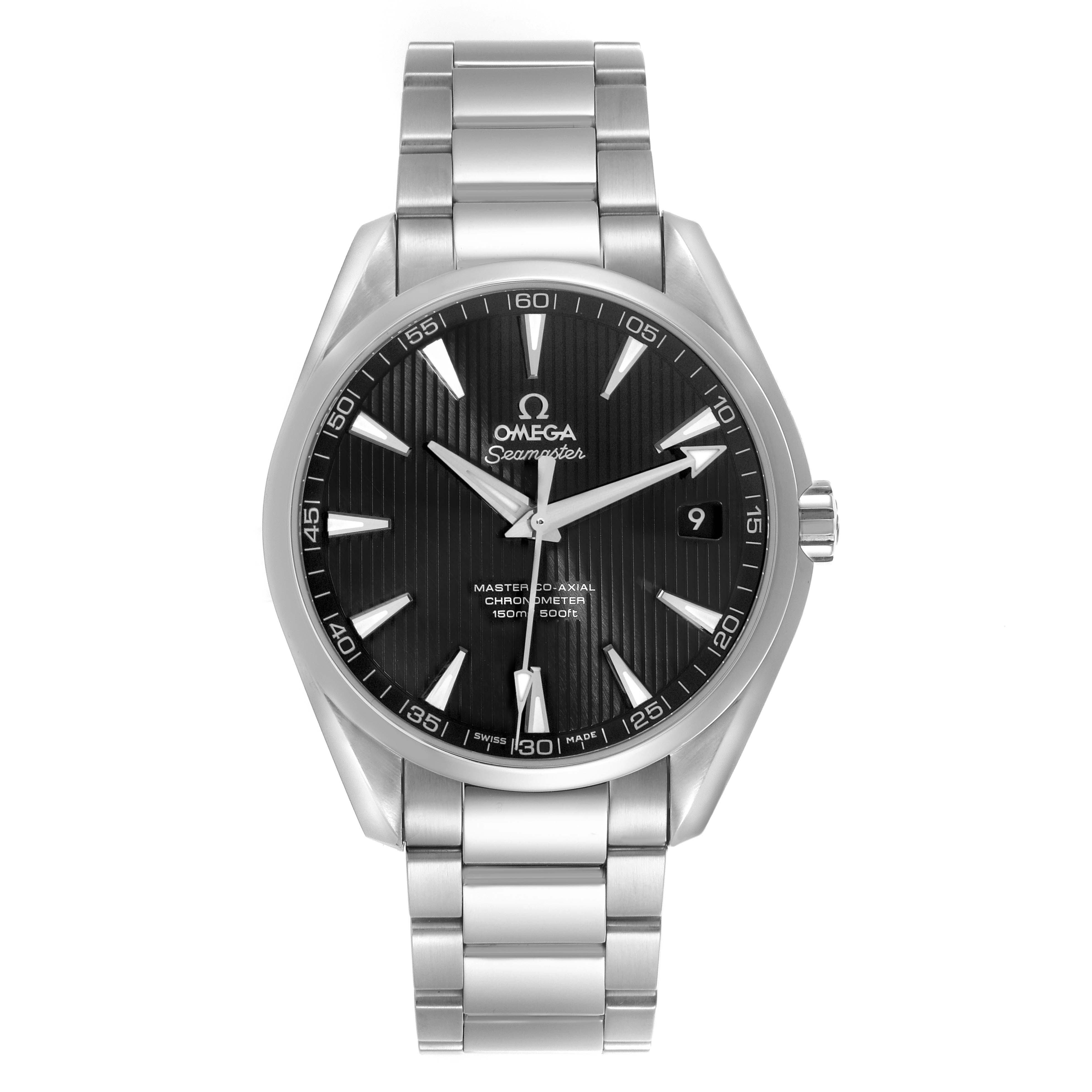The Omega Aqua Terra 231.10.42.21.01.003 Men's Stainless Steel Black Dial 231.10.42.21.01.003 Men's Stainless Steel Black Dial watch is shown from the front, displaying the dial, case, bracelet, and crown.