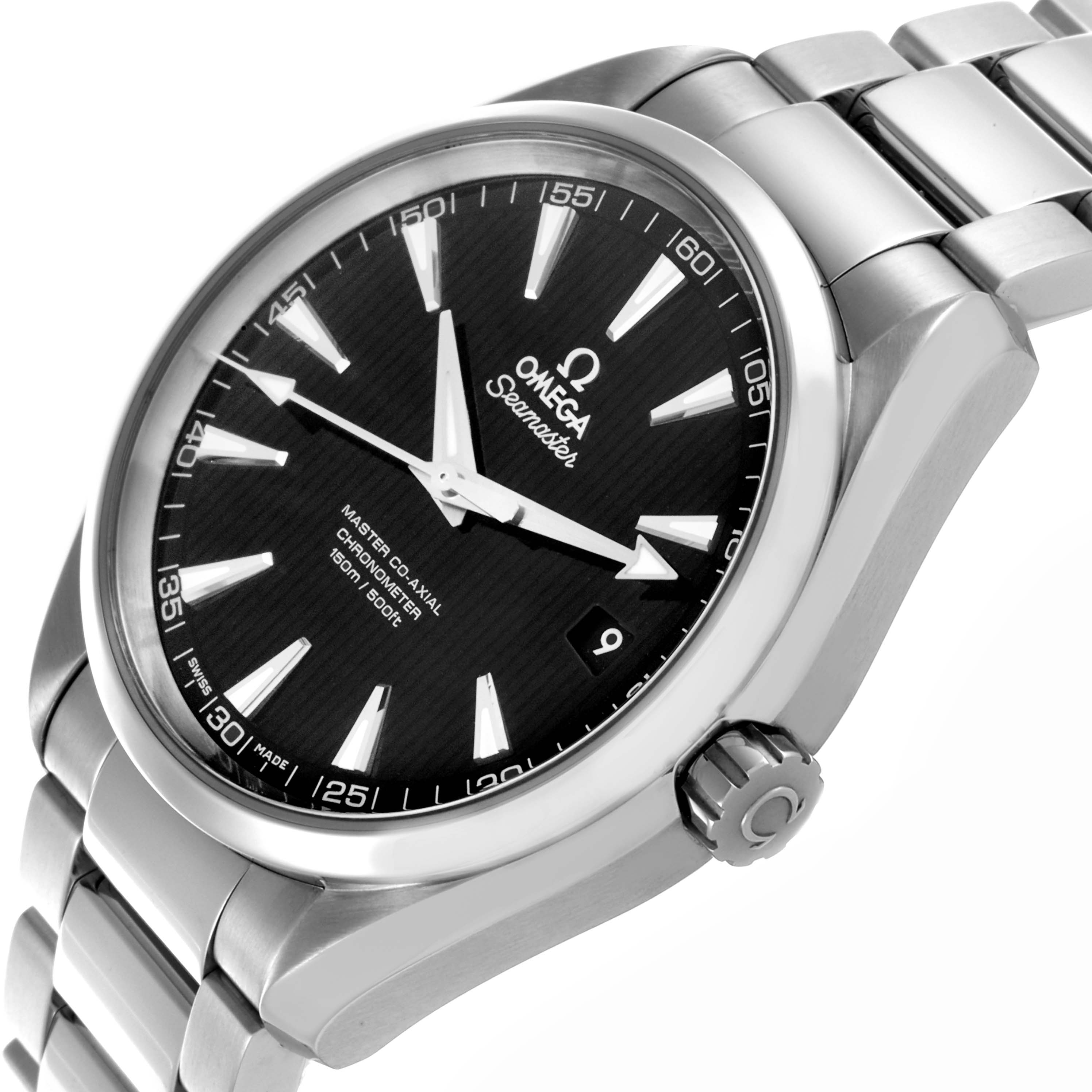 The Omega Aqua Terra 231.10.42.21.01.003 Men's Stainless Steel Black Dial 231.10.42.21.01.003 Men's Stainless Steel Black Dial watch is shown at a tilted angle, highlighting the face, bezel, crown, and part of the bracelet.