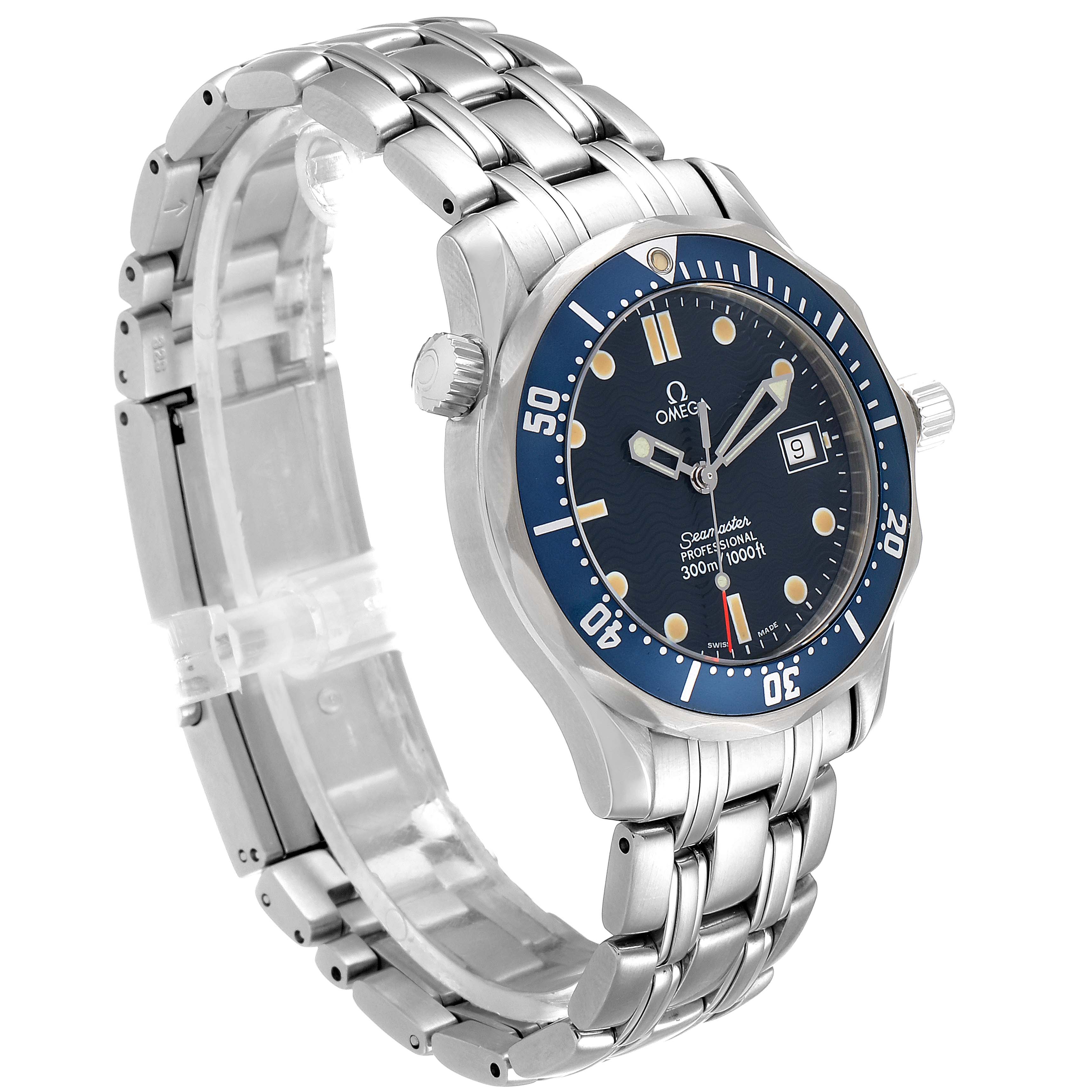 The Omega Seamaster 2561.80.00 Men
s Stainless Steel Blue Dial 2561.80.00 Men
s Stainless Steel Blue Dial watch is shown at an angled side view, highlighting its bezel, dial, crown, and stainless steel bracelet.