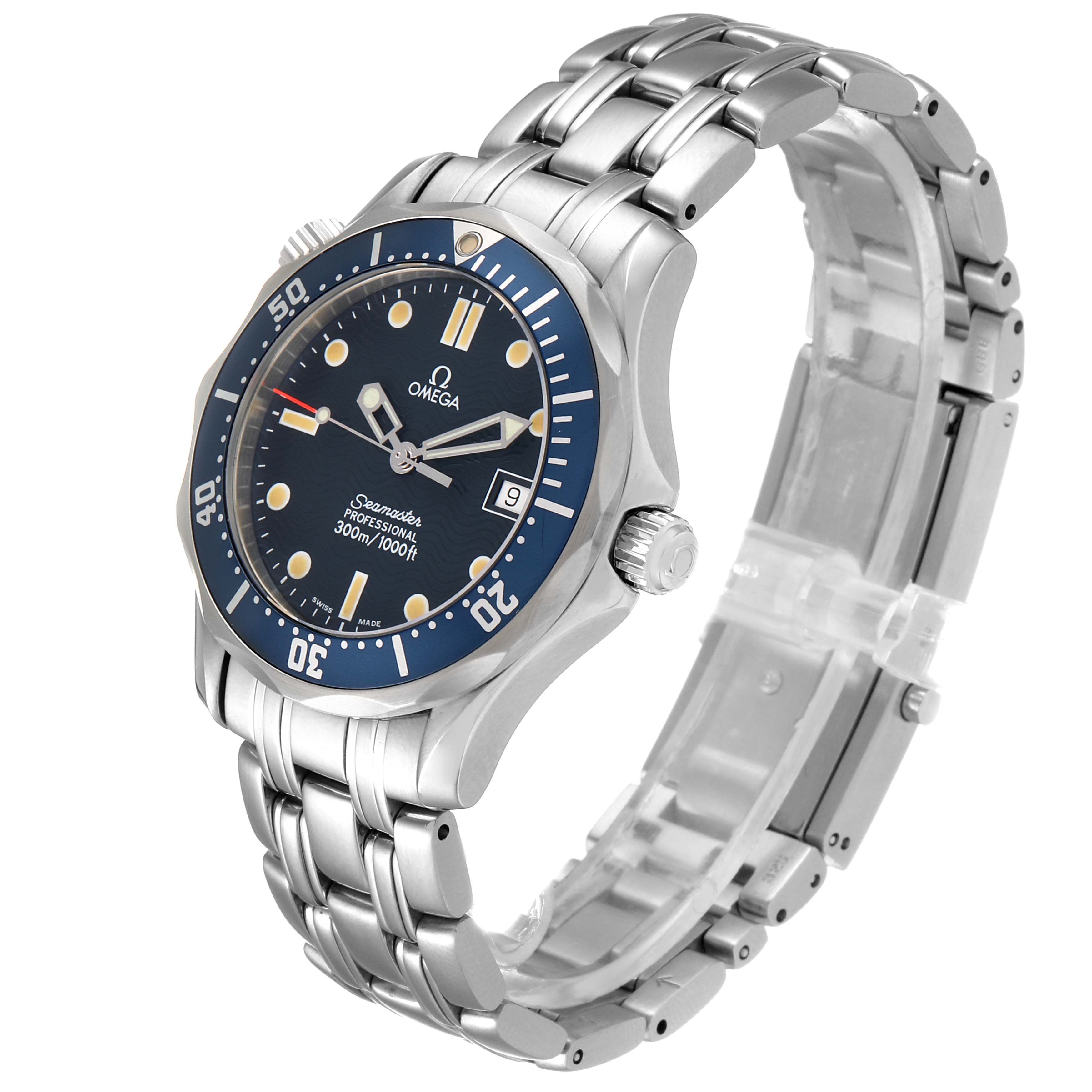 The image shows a side angle of the Omega Seamaster 2561.80.00 Men
s Stainless Steel Blue Dial 2561.80.00 Men
s Stainless Steel Blue Dial watch, displaying the dial, bezel, crown, and stainless steel bracelet.