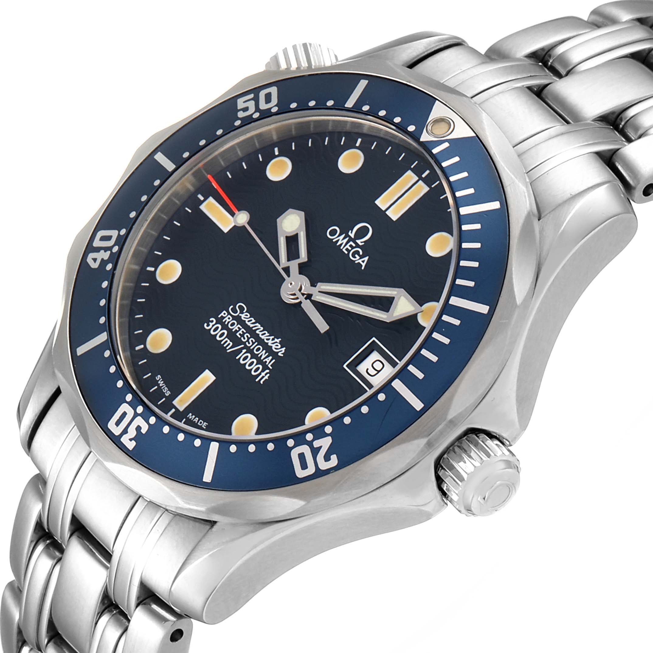 The image shows an angled view of the Omega Seamaster 2561.80.00 Men
s Stainless Steel Blue Dial 2561.80.00 Men
s Stainless Steel Blue Dial Professional 300m, including the bezel, dial, bracelet, and crown.