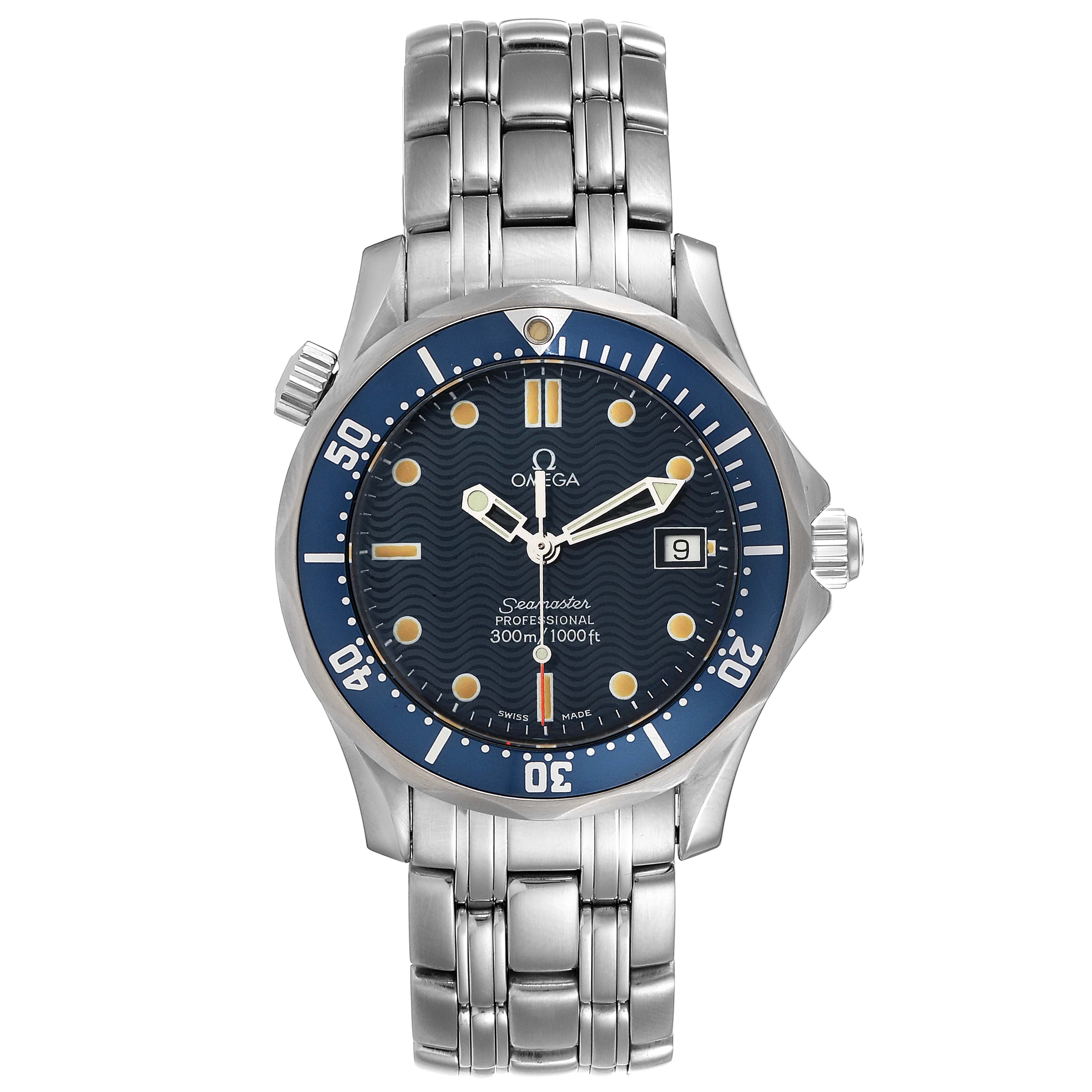 The Omega Seamaster 2561.80.00 Men
s Stainless Steel Blue Dial 2561.80.00 Men
s Stainless Steel Blue Dial watch is shown from a front angle, displaying the face, bezel, and metal strap.