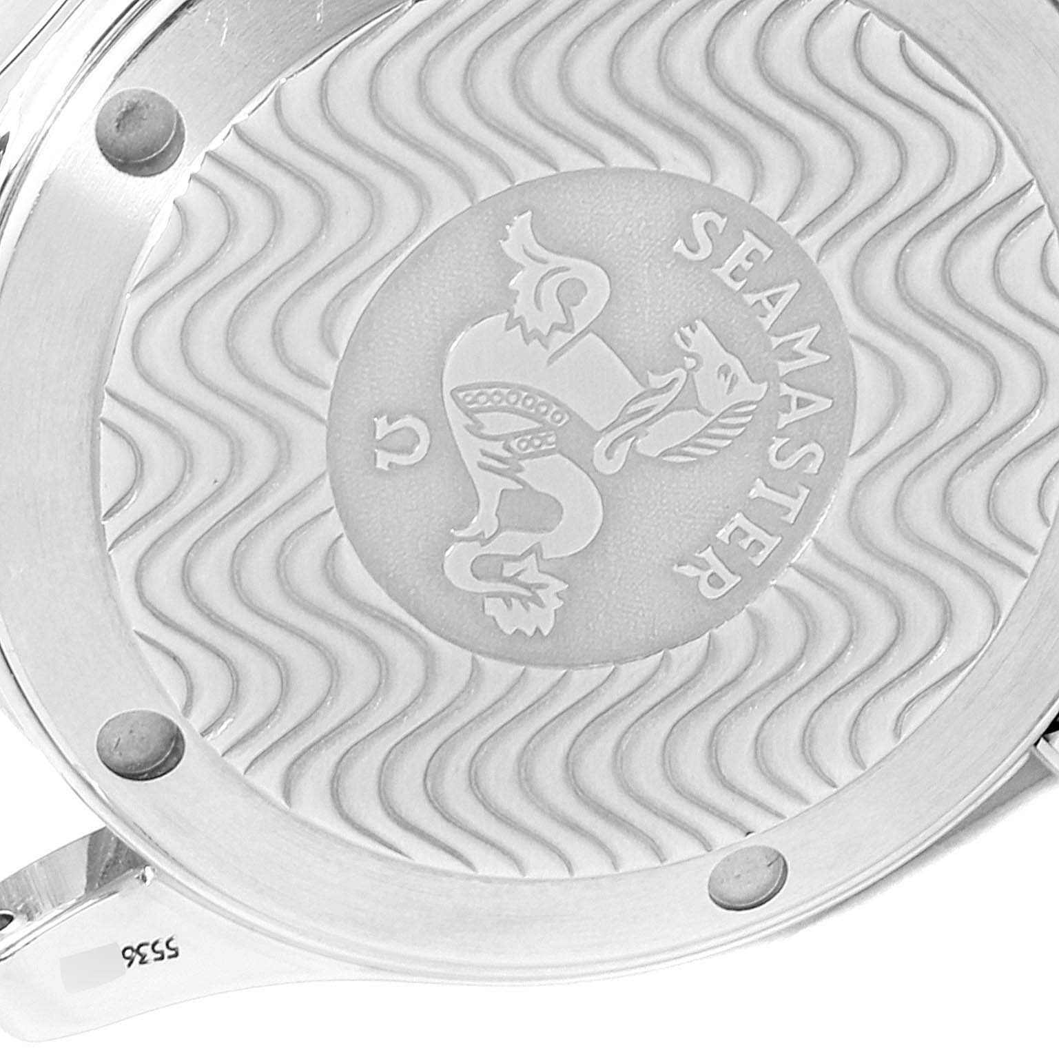 The image shows the back case of an Omega Seamaster 2561.80.00 Men
s Stainless Steel Blue Dial 2561.80.00 Men
s Stainless Steel Blue Dial watch, featuring the engraved logo and wave pattern.