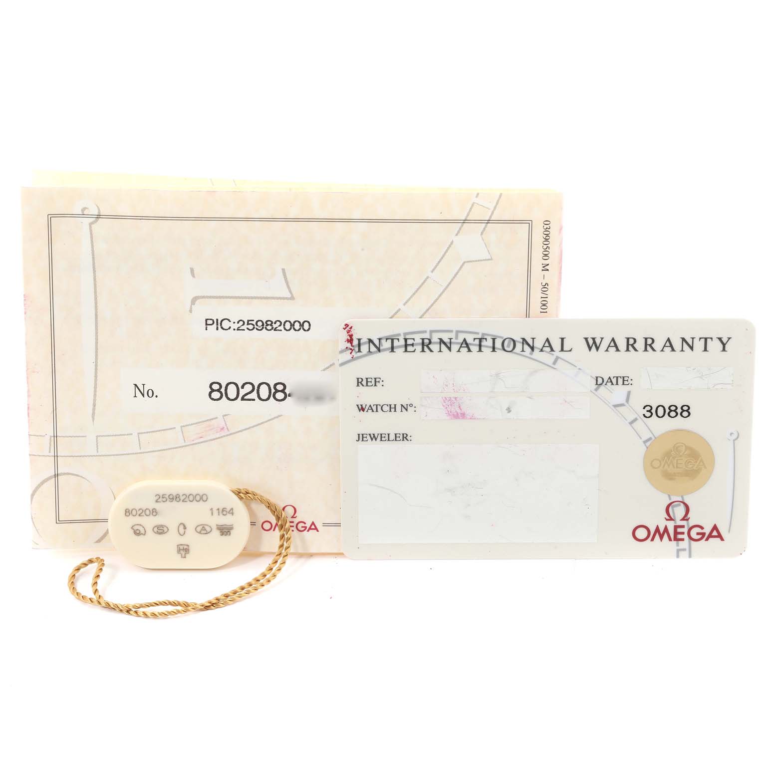 The image shows the international warranty card and documentation for an Omega Seamaster 2598.20.00 Men's Stainless Steel White Dial 2598.20.00 Men's Stainless Steel White Dial watch.