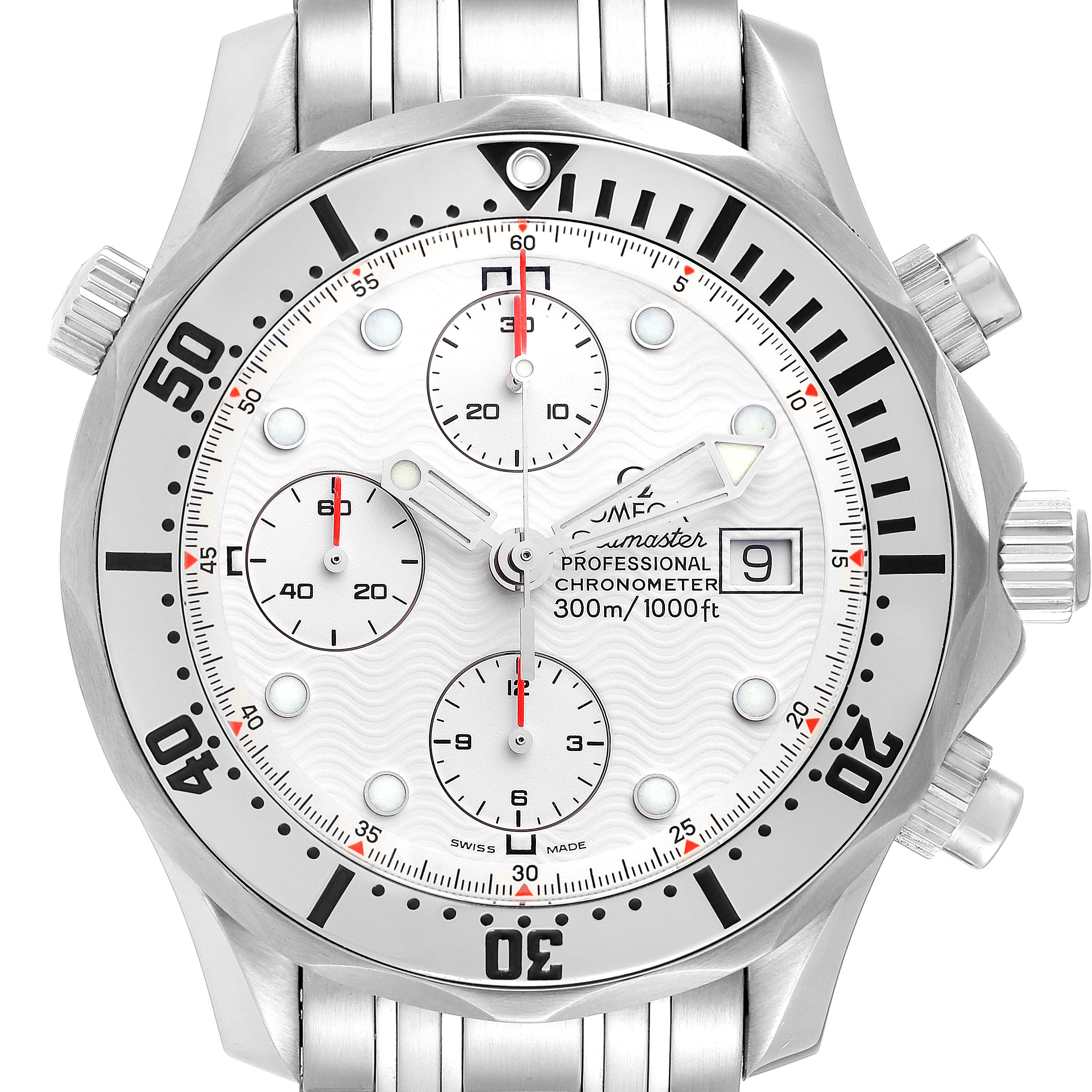 The image shows the front view of a Seamaster model by Omega, highlighting the dial and bezel.