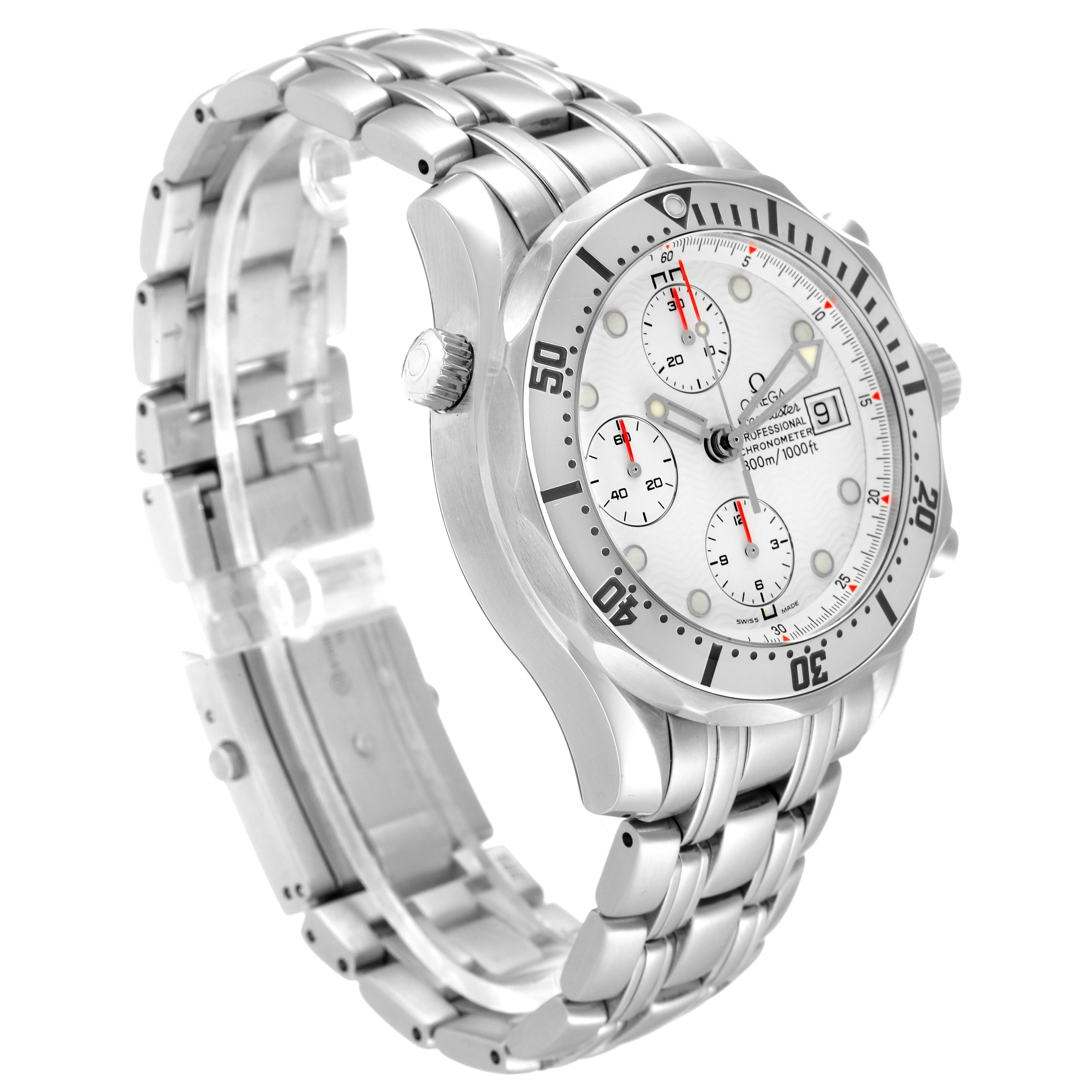 The image shows a three-quarters side angle of an Omega Seamaster 2598.20.00 Men's Stainless Steel White Dial 2598.20.00 Men's Stainless Steel White Dial watch, highlighting its bezel, dial, and bracelet.