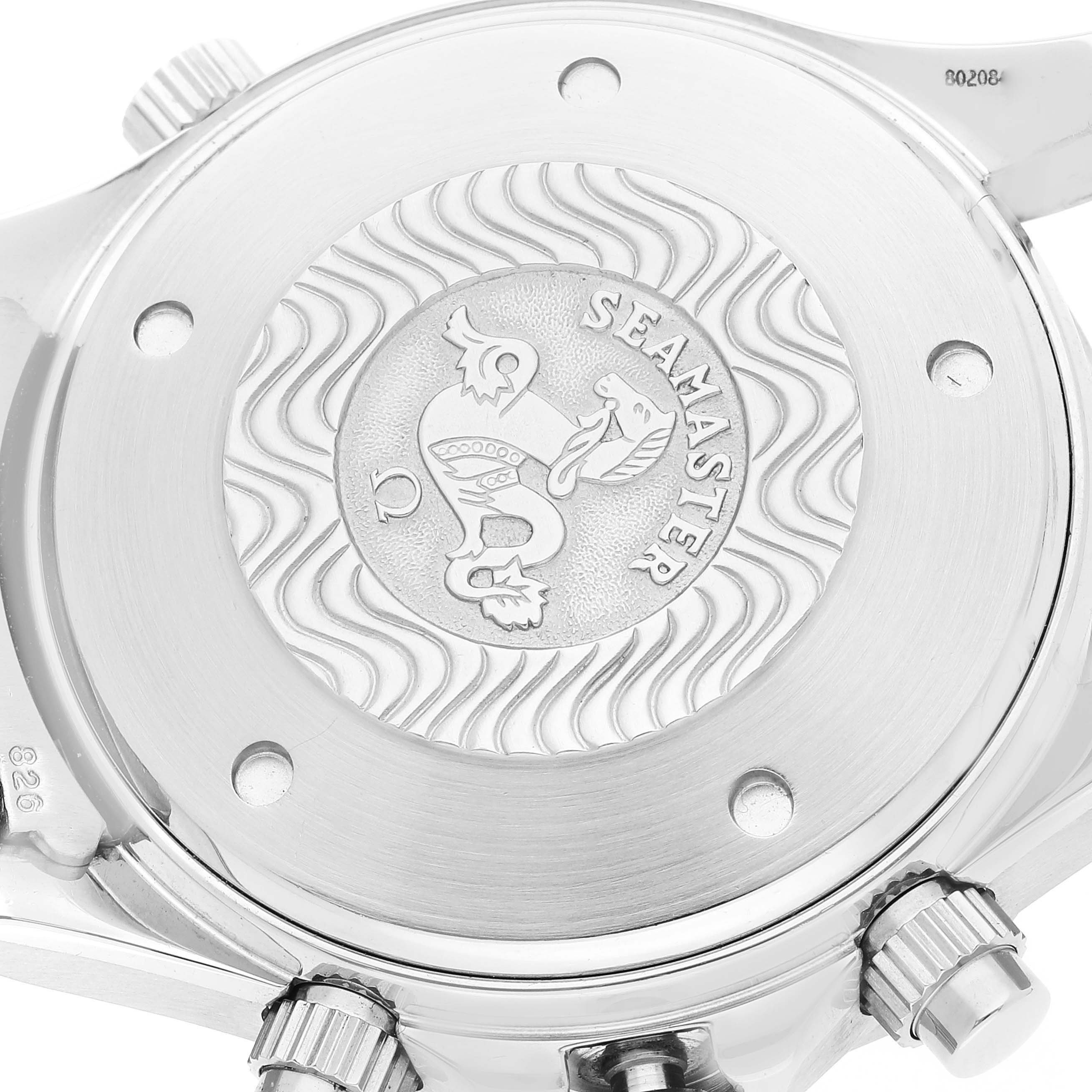 This image shows the case back of an Omega Seamaster 2598.20.00 Men's Stainless Steel White Dial 2598.20.00 Men's Stainless Steel White Dial watch, revealing its engraved design and surrounding screws.