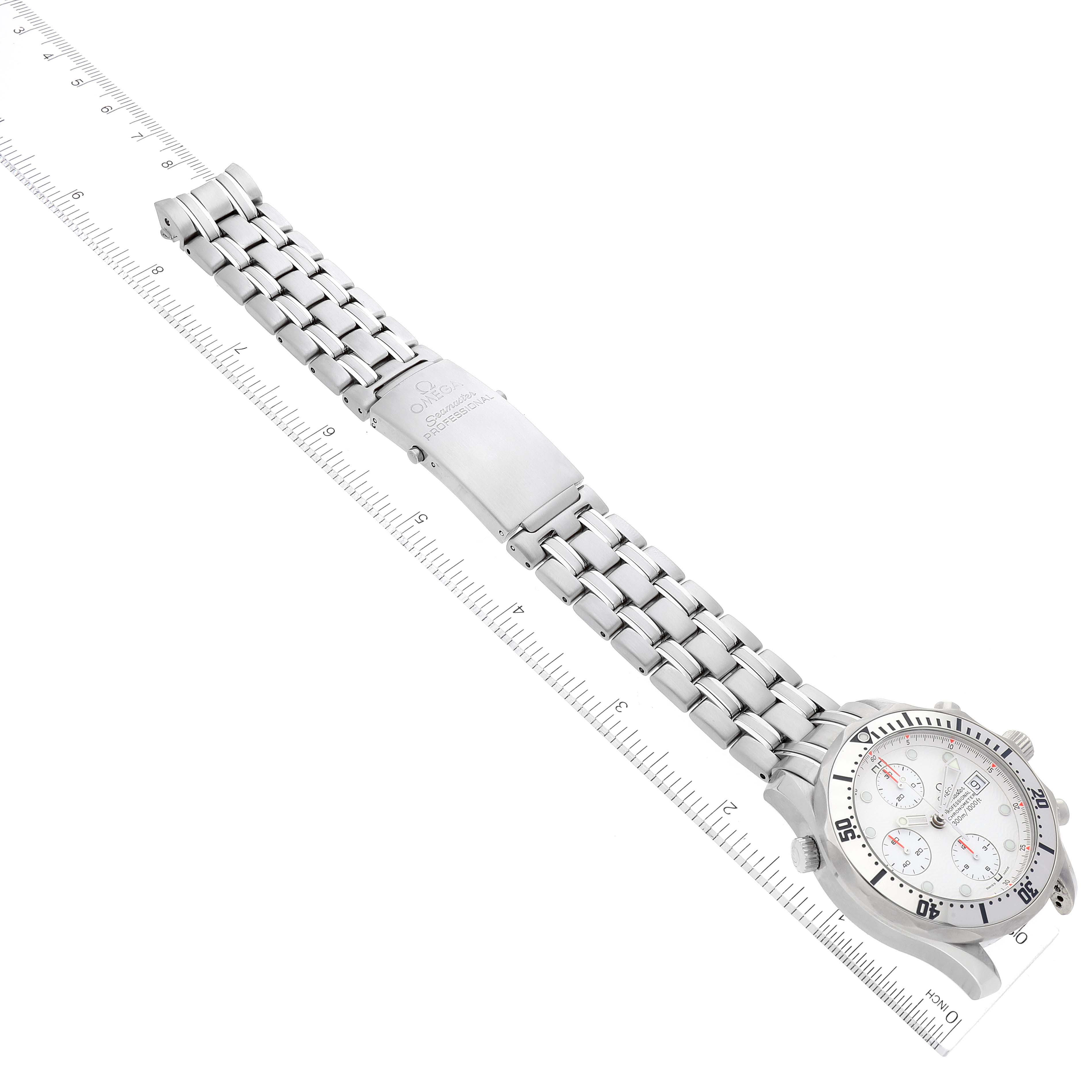 The image shows an Omega Seamaster 2598.20.00 Men's Stainless Steel White Dial 2598.20.00 Men's Stainless Steel White Dial watch lying flat, highlighting the full length of its stainless steel bracelet and the watch face.