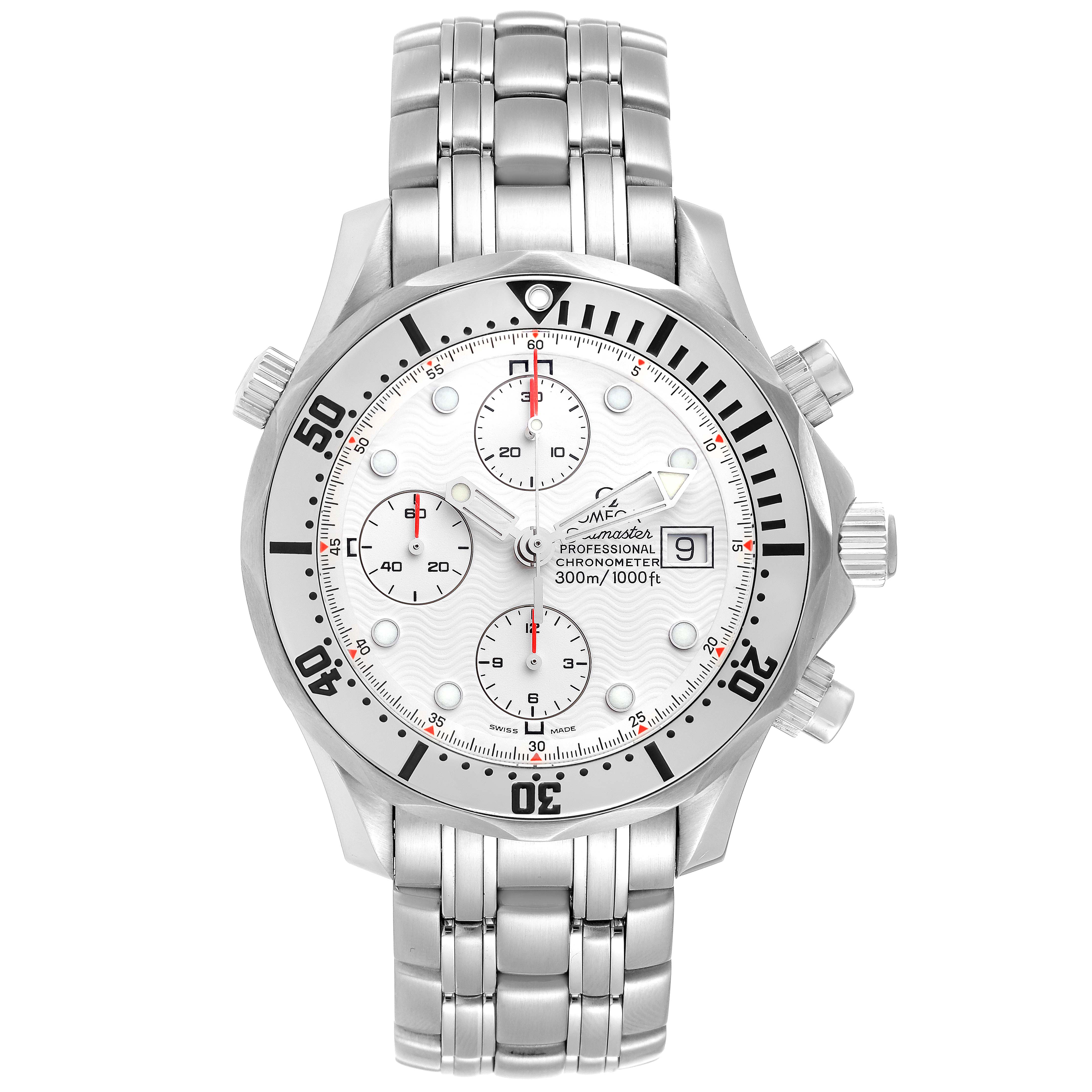 This Omega Seamaster 2598.20.00 Men's Stainless Steel White Dial 2598.20.00 Men's Stainless Steel White Dial watch is shown from the front, displaying the dial, chronograph subdials, and metal bracelet.
