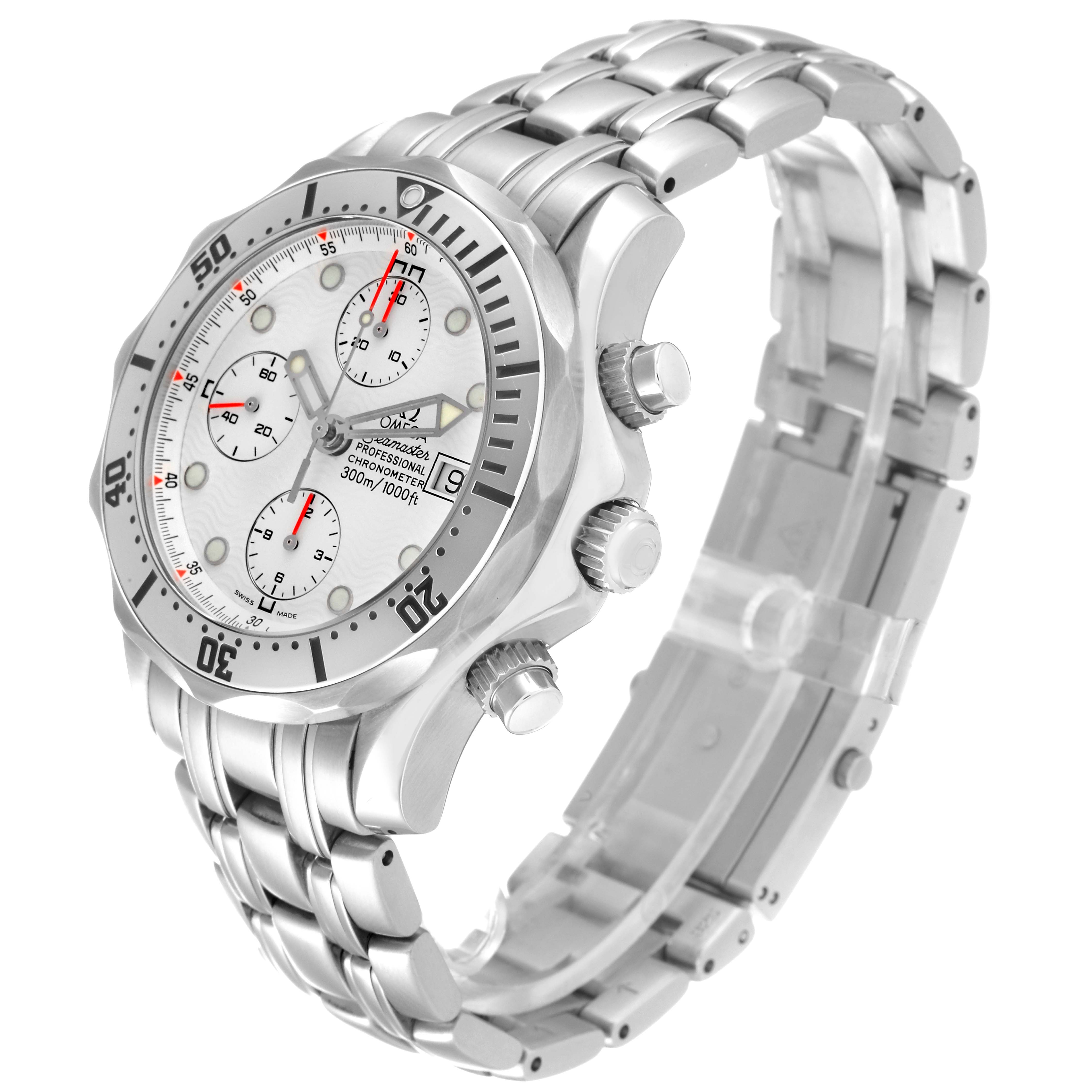 This image shows an angled view of the Omega Seamaster 2598.20.00 Men's Stainless Steel White Dial 2598.20.00 Men's Stainless Steel White Dial watch, highlighting its dial, bezel, buttons, and steel bracelet.