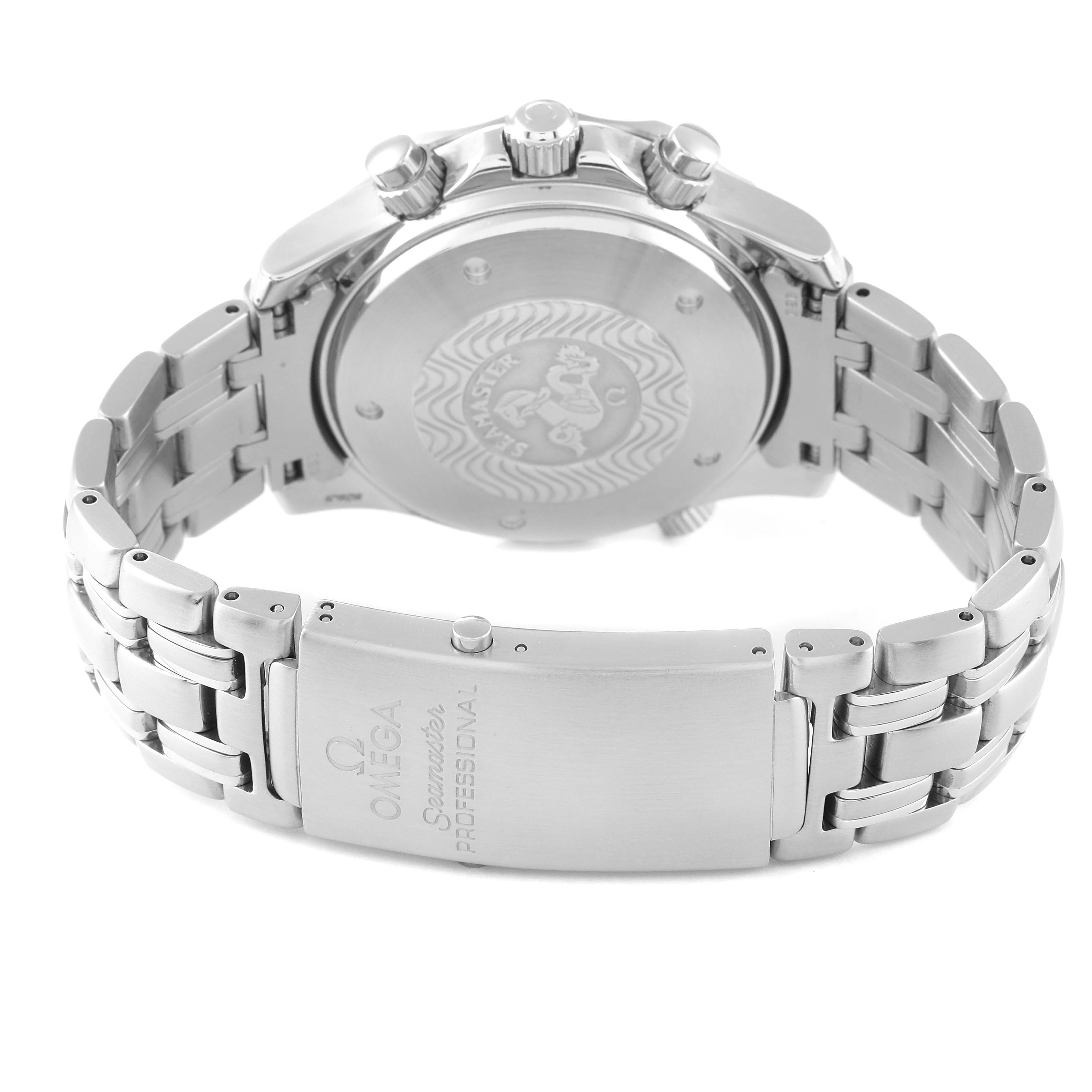 The image shows the back case, crown, and clasp of an Omega Seamaster 2598.20.00 Men's Stainless Steel White Dial 2598.20.00 Men's Stainless Steel White Dial watch.