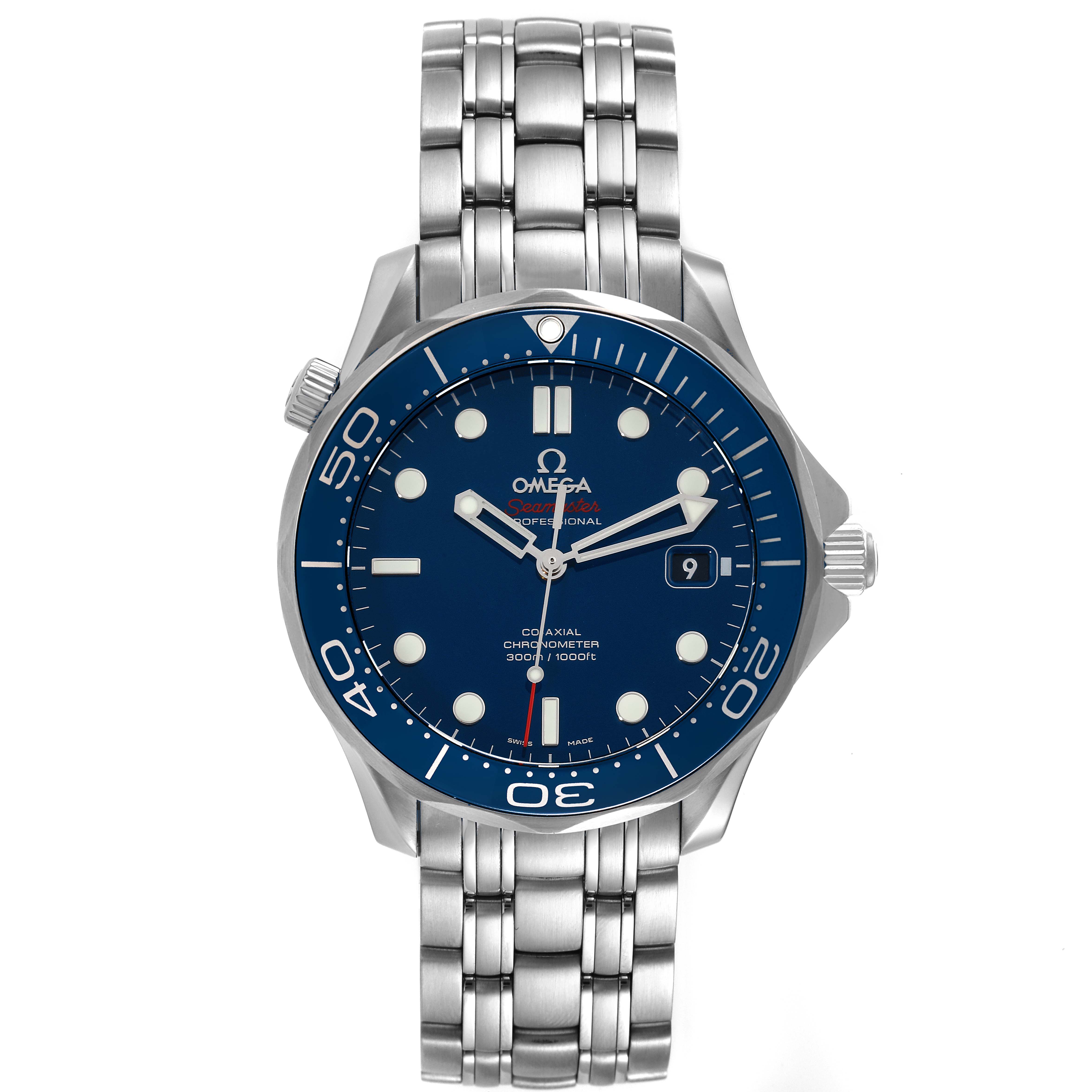 The Omega Speedmaster 212.30.41.20.03.001 Men
s Stainless Steel Blue Dial 212.30.41.20.03.001 Men
s Stainless Steel Blue Dial watch is shown from a front angle, highlighting the dial, bezel, bracelet, and crown.