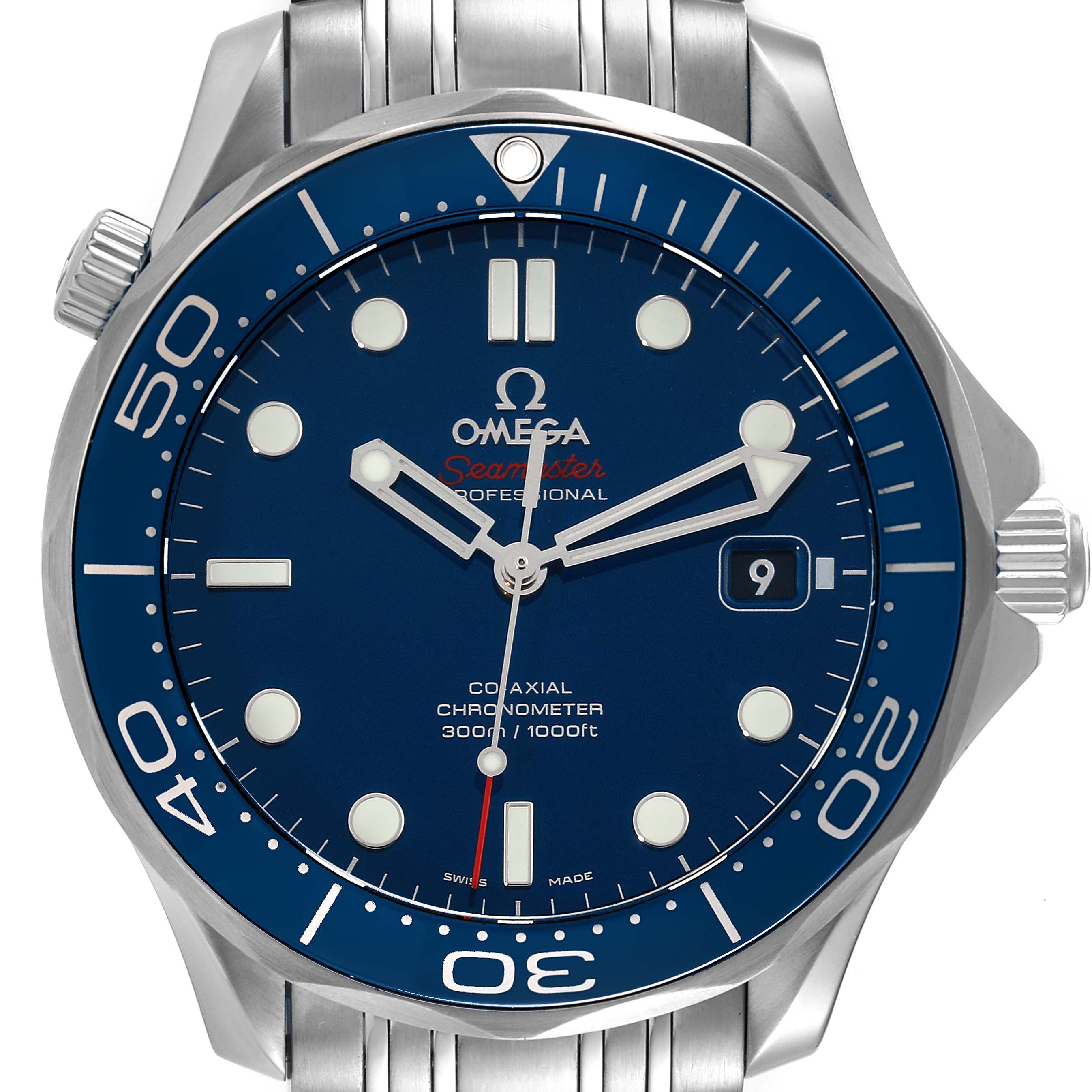 This image shows a straight-on view of the Omega Seamaster watch face, including the bezel, crown, and bracelet.