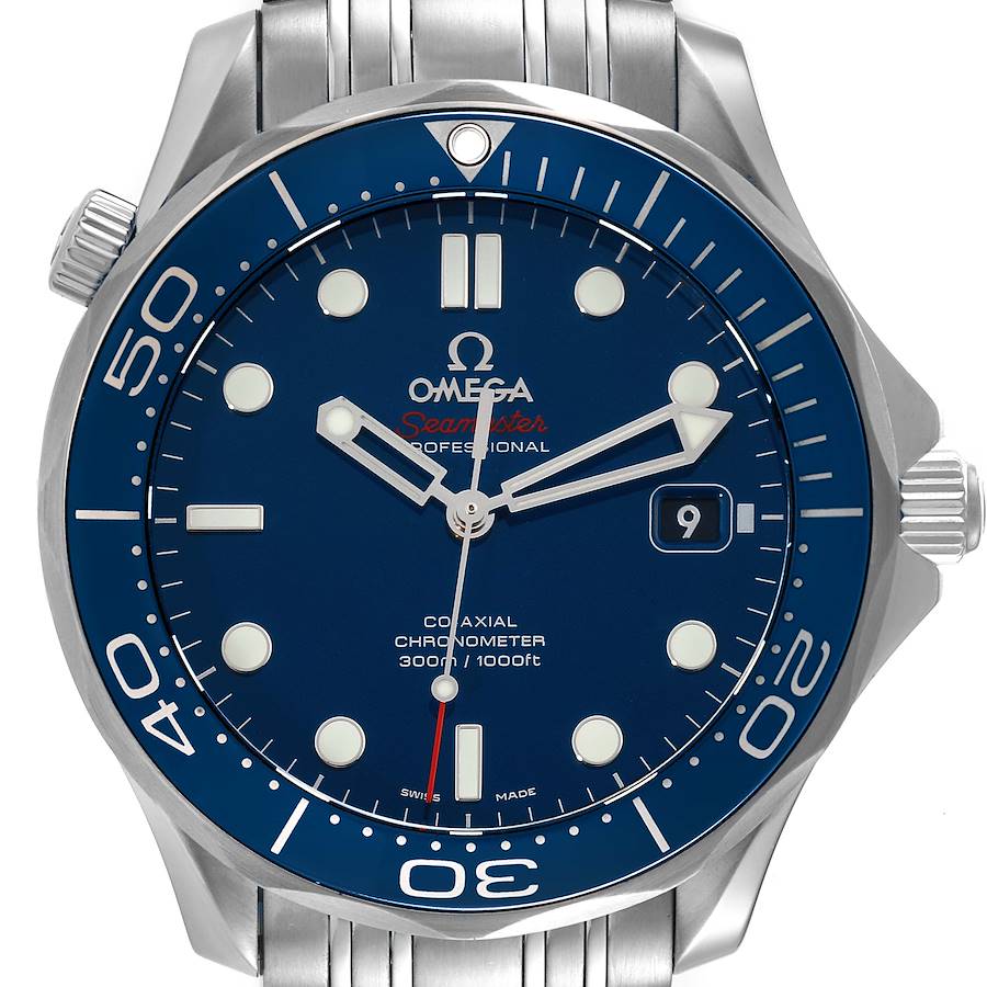 This image shows a straight-on view of the Omega Seamaster watch face, including the bezel, crown, and bracelet.