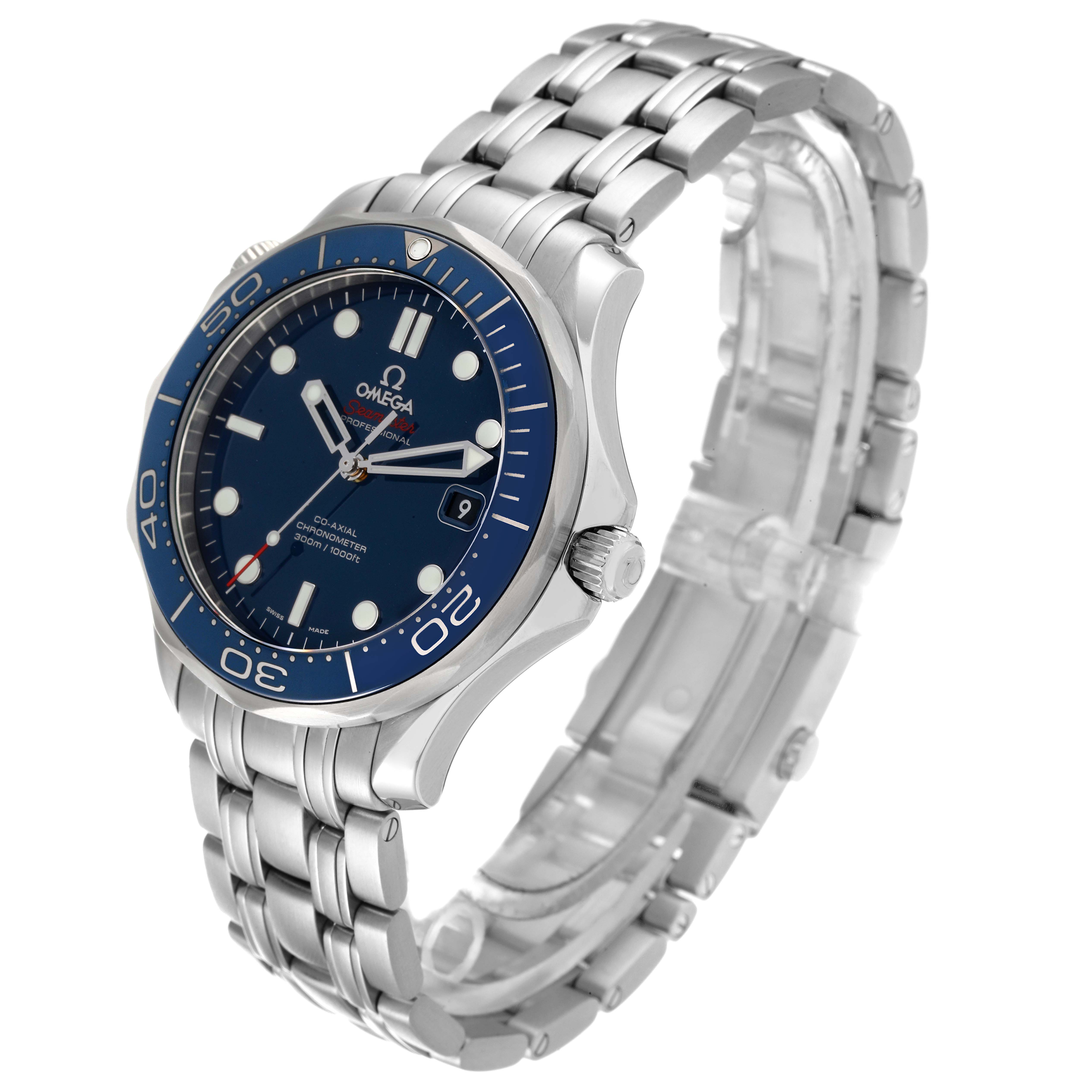 The image shows an angled side view of the Omega Speedmaster 212.30.41.20.03.001 Men
s Stainless Steel Blue Dial 212.30.41.20.03.001 Men
s Stainless Steel Blue Dial, highlighting the bezel, dial, and stainless steel bracelet.