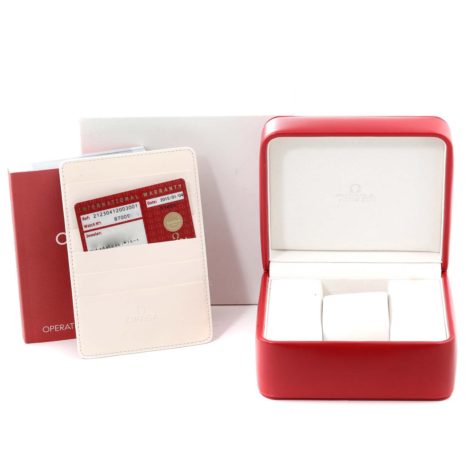 The image shows Omega Speedmaster 212.30.41.20.03.001 Men
s Stainless Steel Blue Dial 212.30.41.20.03.001 Men
s Stainless Steel Blue Dial accessories: a red watch box, warranty card, and operating manual.