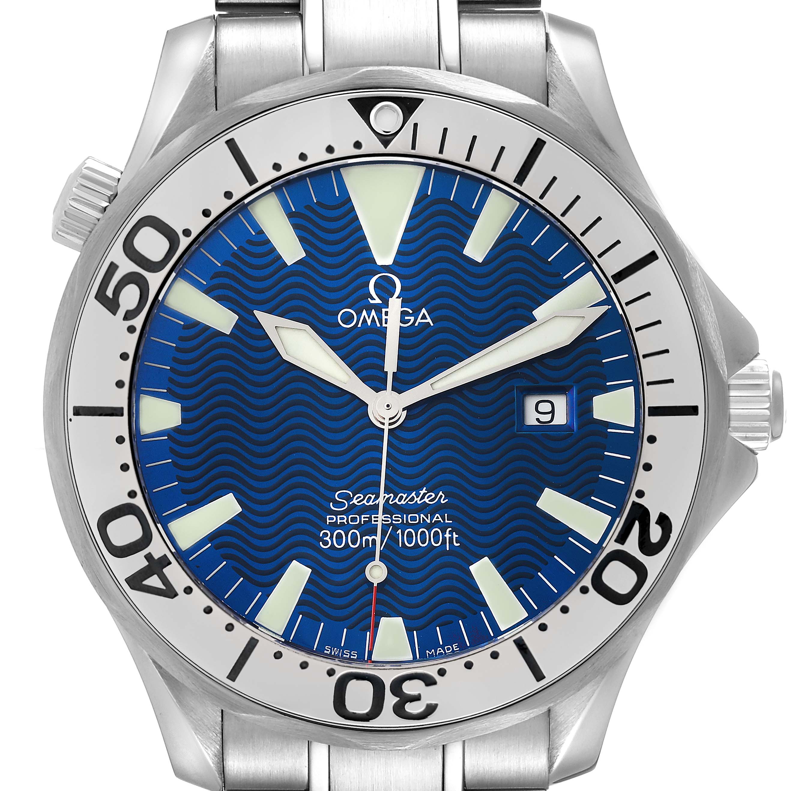 This is a frontal view of the Omega Seamaster 2265.80.00 Men's Stainless Steel Blue Dial 2265.80.00 Men's Stainless Steel Blue Dial watch, displaying its blue wave-pattern dial, hands, date window, and bezel.