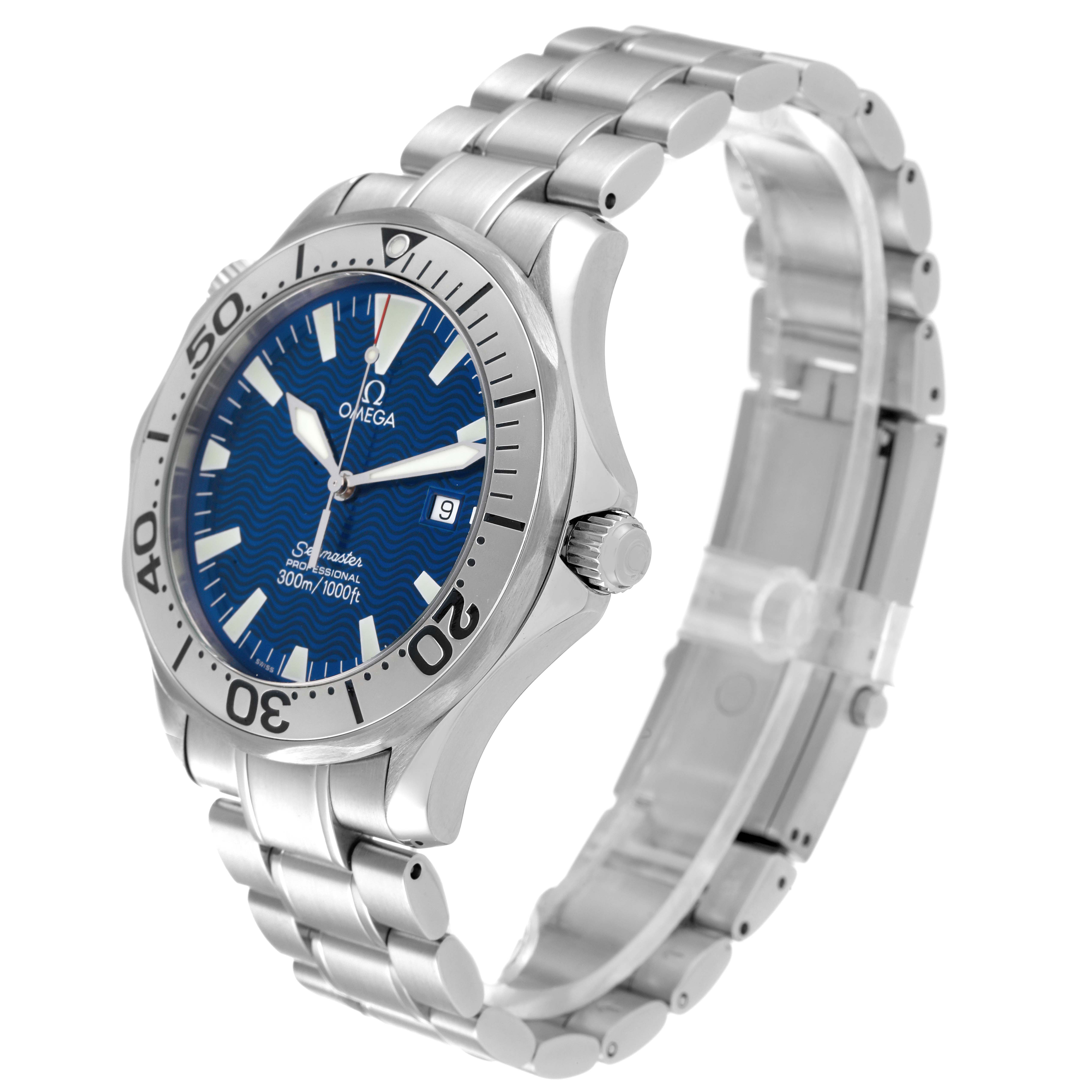 The Omega Seamaster 2265.80.00 Men's Stainless Steel Blue Dial 2265.80.00 Men's Stainless Steel Blue Dial watch is shown at a right angle, displaying its dial, bezel, crown, and metallic bracelet.