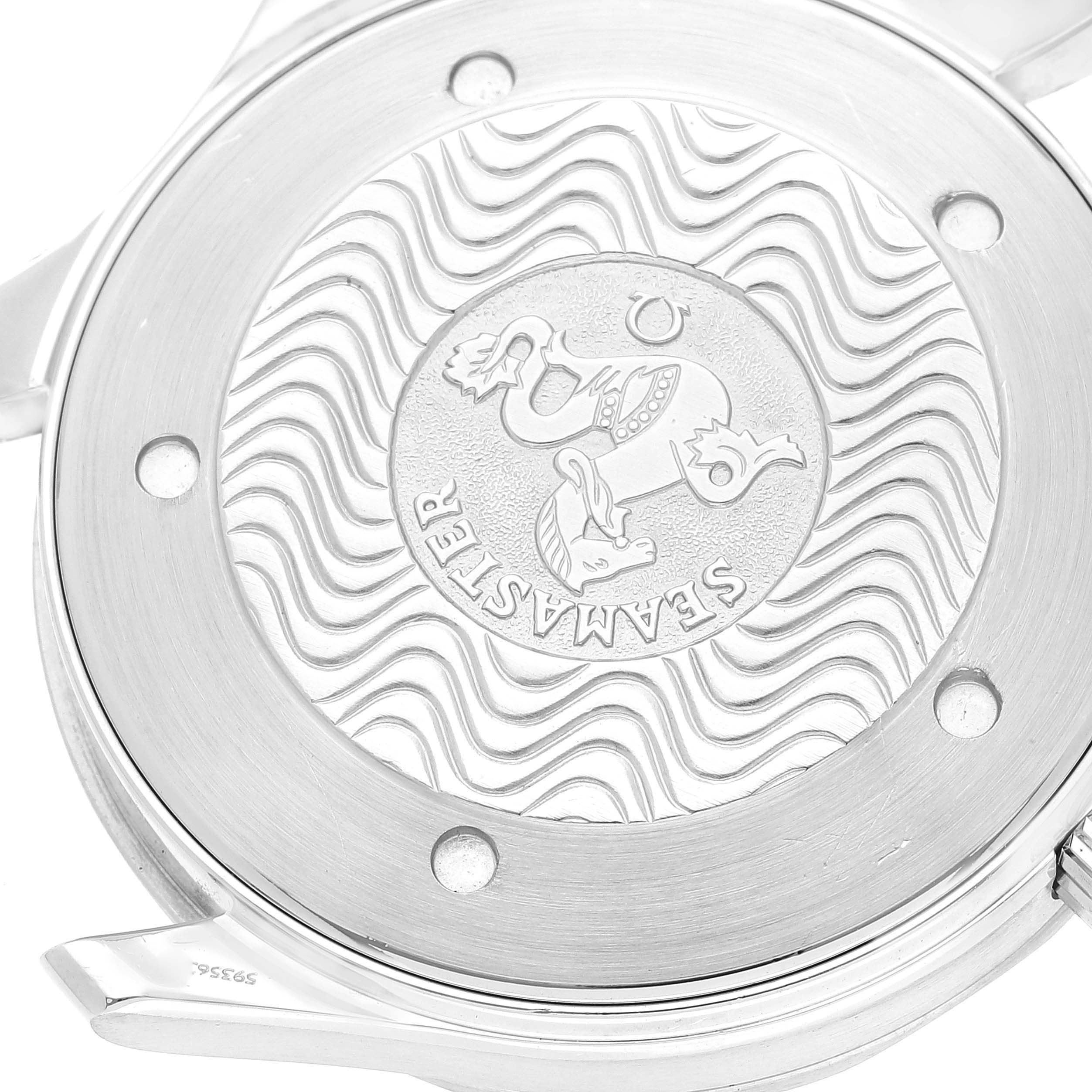 This image shows the silver case back of an Omega Seamaster 2265.80.00 Men's Stainless Steel Blue Dial 2265.80.00 Men's Stainless Steel Blue Dial watch, featuring its signature wave pattern and engravings.