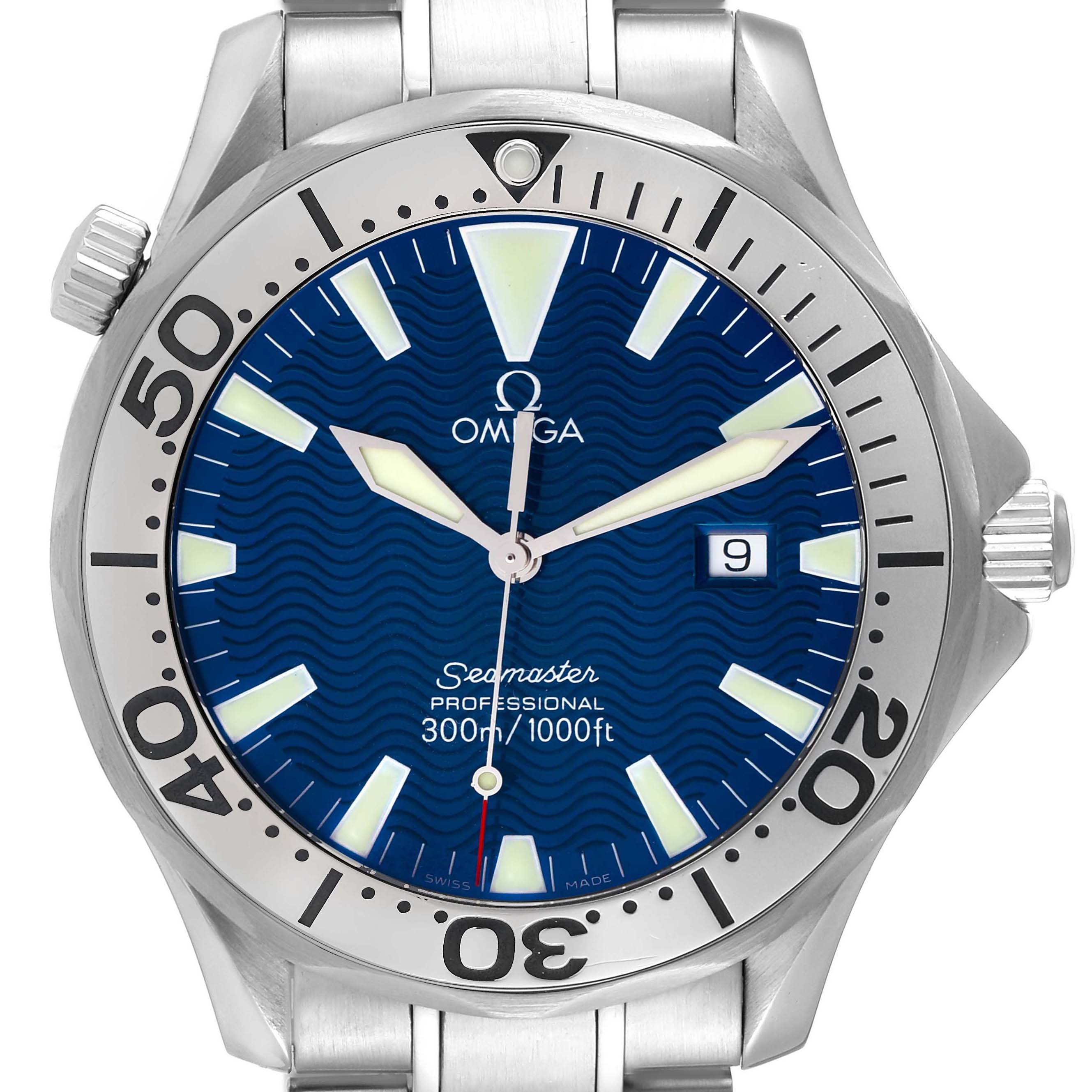 The image shows a front view of an Omega Seamaster 2265.80.00 Men's Stainless Steel Blue Dial 2265.80.00 Men's Stainless Steel Blue Dial watch, highlighting the dial, bezel, crown, and a portion of the bracelet.