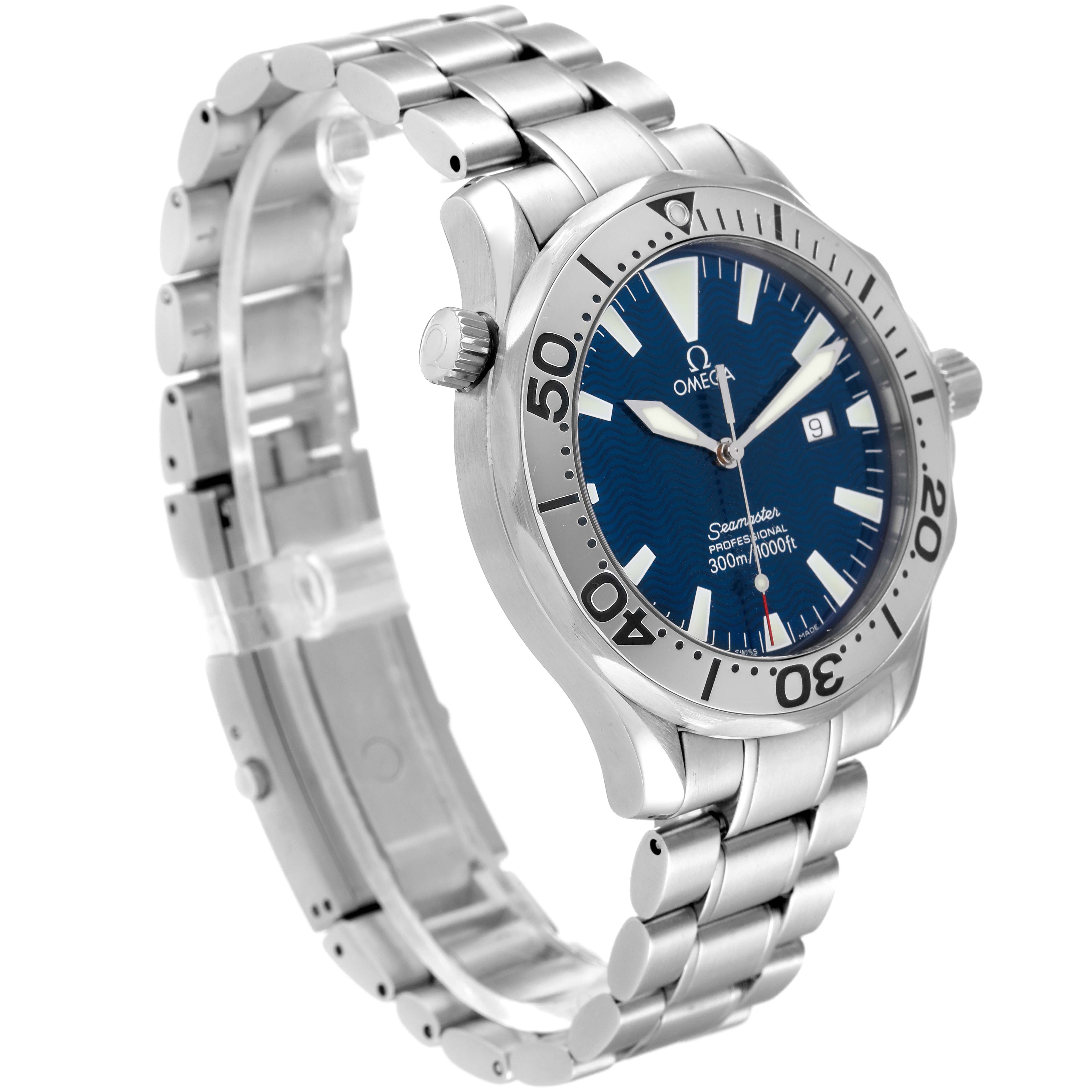 The Omega Seamaster 2265.80.00 Men's Stainless Steel Blue Dial 2265.80.00 Men's Stainless Steel Blue Dial watch is shown at a side angle, highlighting its face, bezel, crown, and stainless steel bracelet.