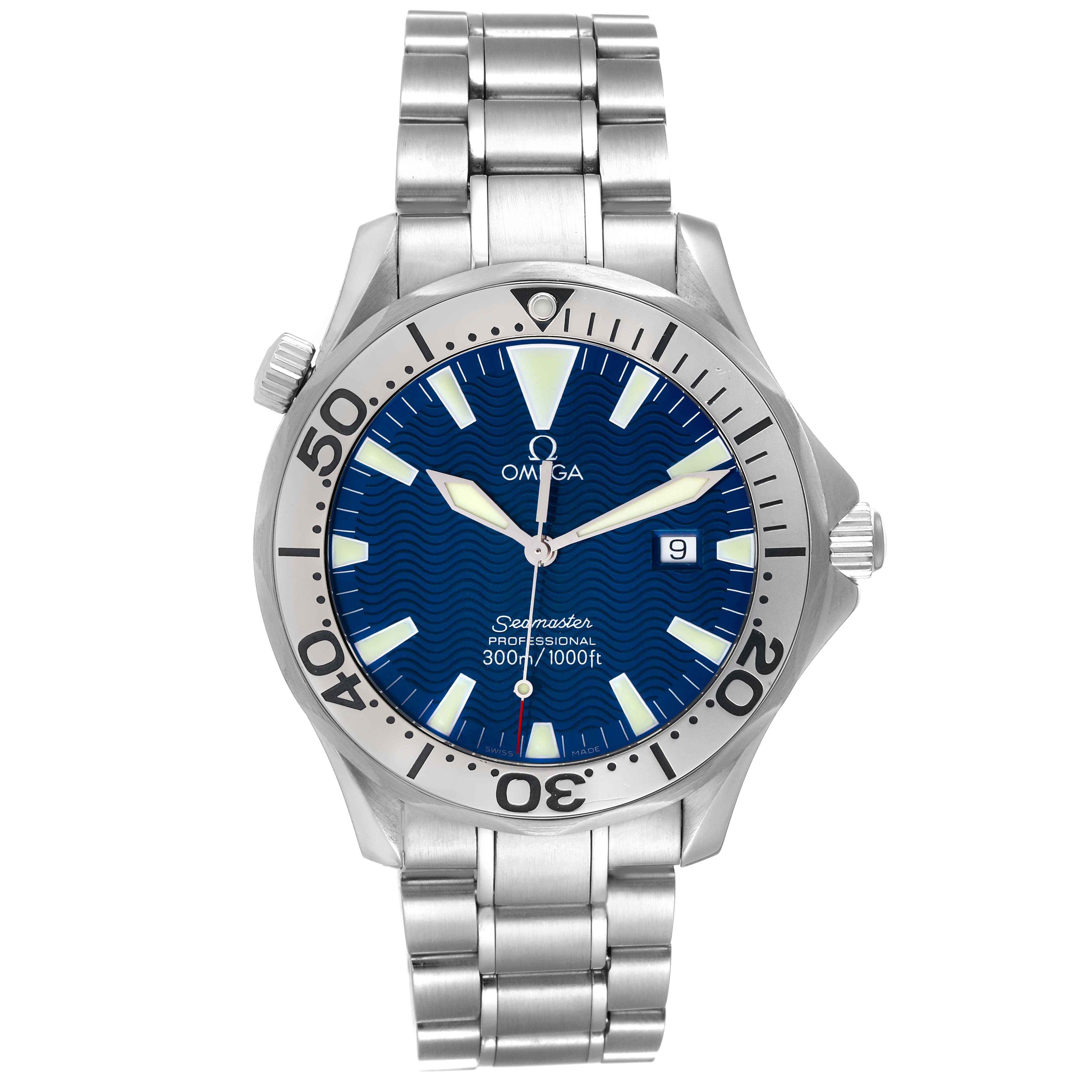 The image shows a front view of an Omega Seamaster 2265.80.00 Men's Stainless Steel Blue Dial 2265.80.00 Men's Stainless Steel Blue Dial watch, highlighting its blue dial, bezel, and stainless steel bracelet.