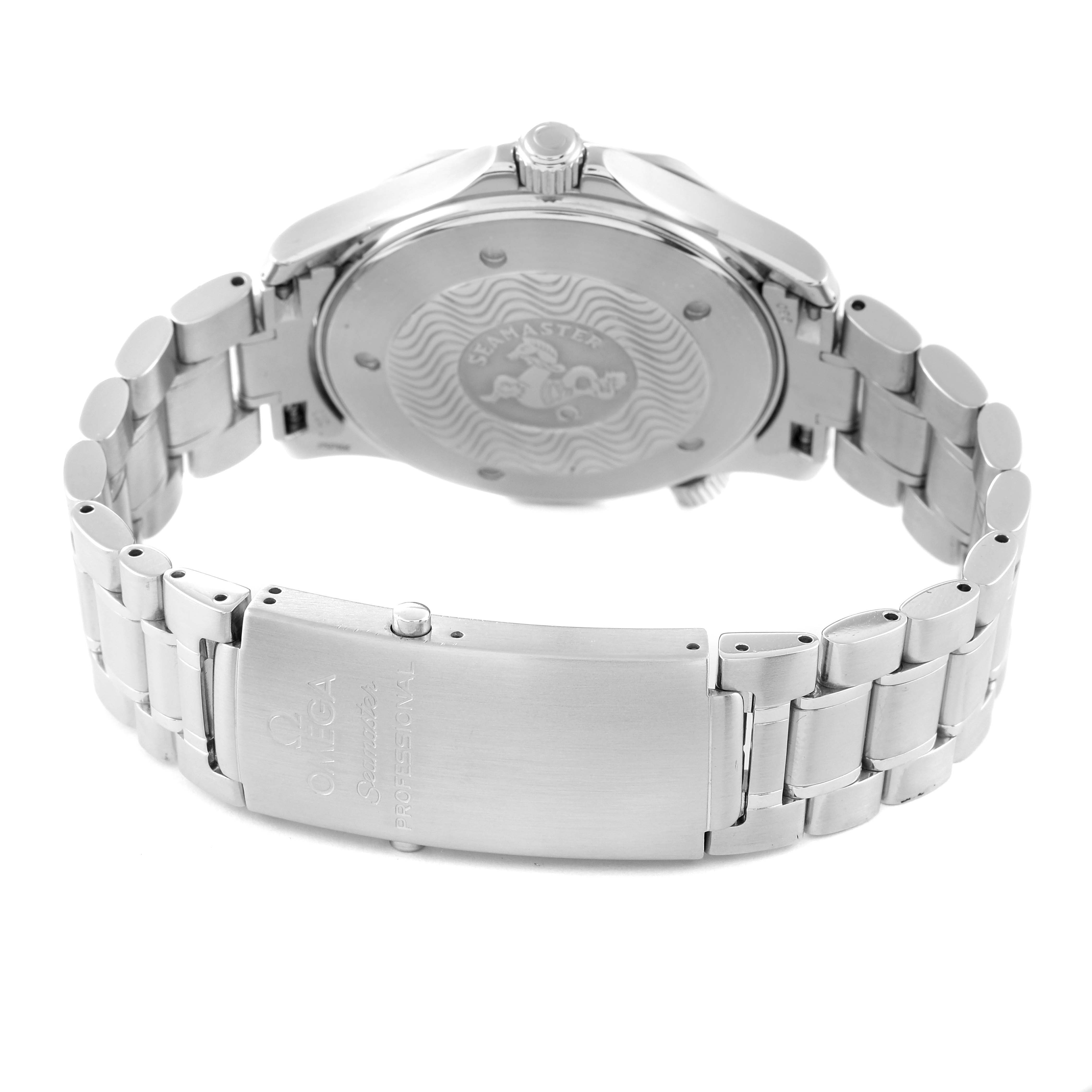 The image shows the back view of the Omega Seamaster 2265.80.00 Men's Stainless Steel Blue Dial 2265.80.00 Men's Stainless Steel Blue Dial watch, focusing on the case back and stainless steel bracelet with clasp.