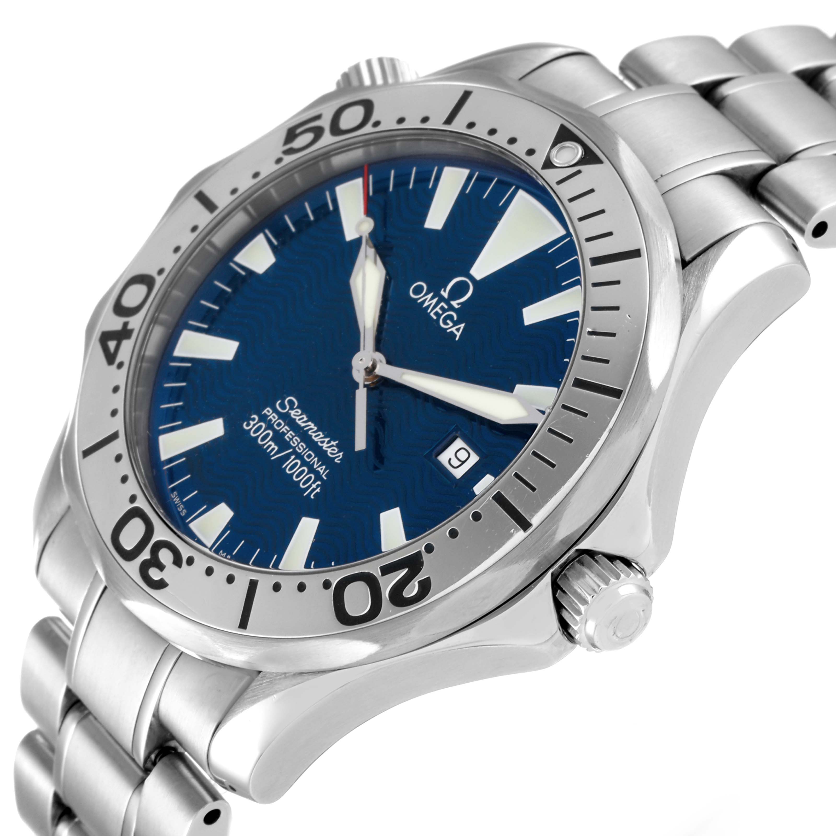 This image shows an angled side view of the Omega Seamaster 2265.80.00 Men's Stainless Steel Blue Dial 2265.80.00 Men's Stainless Steel Blue Dial watch, highlighting the dial, bezel, crown, and bracelet.