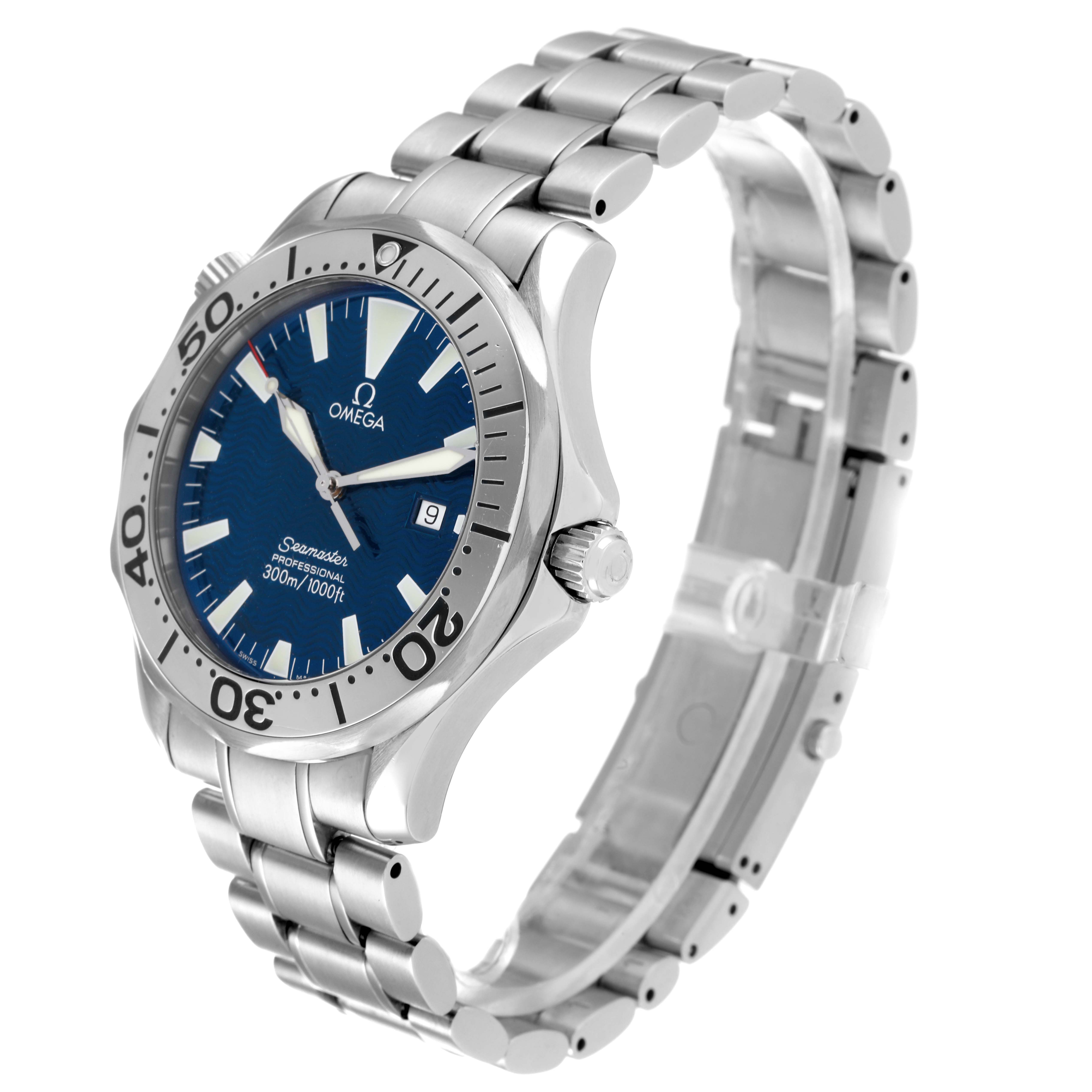 The image shows a side view of an Omega Seamaster 2265.80.00 Men's Stainless Steel Blue Dial 2265.80.00 Men's Stainless Steel Blue Dial watch, highlighting the face, bezel, crown, and bracelet.
