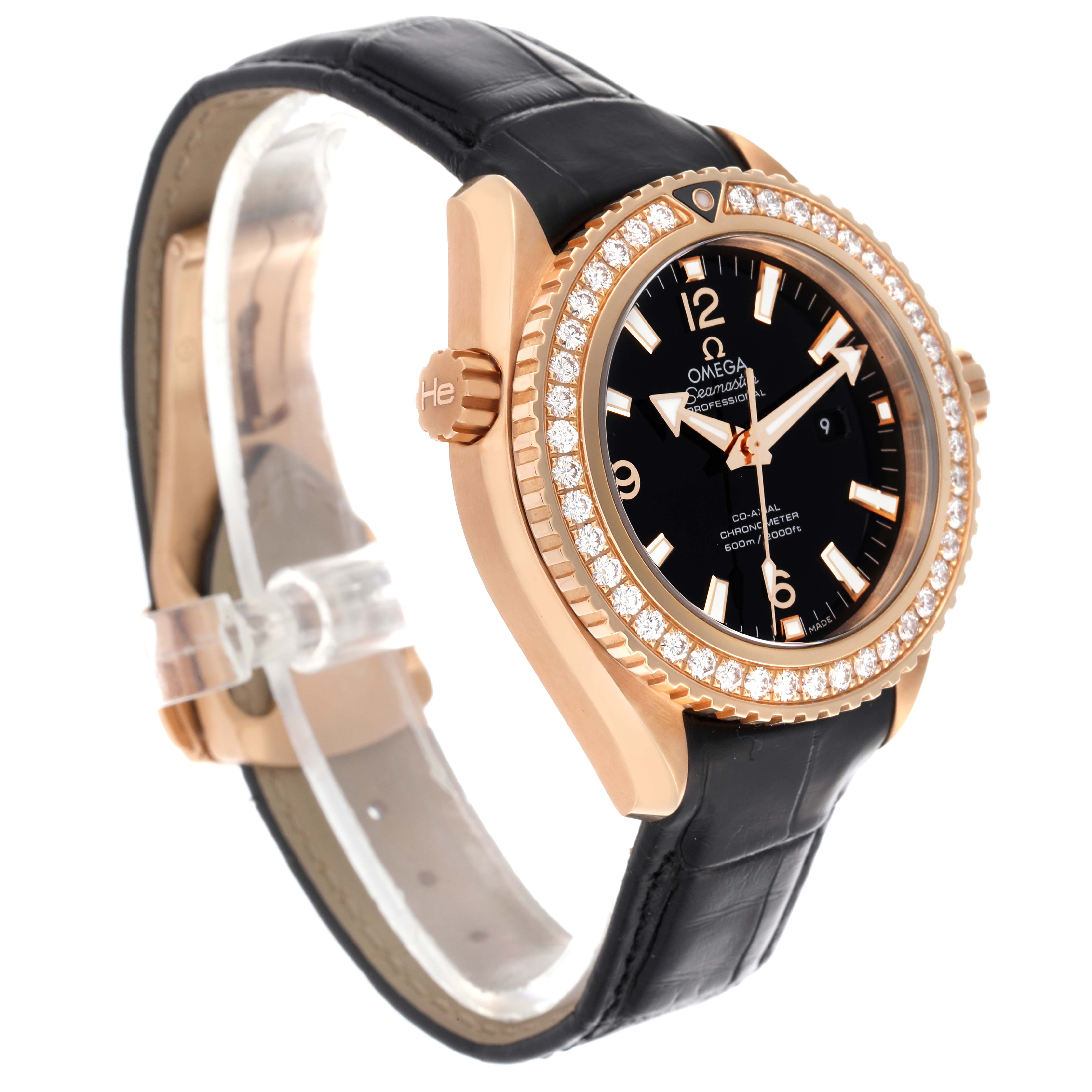 The Omega Seamaster Planet Ocean Rose Gold Diamond Watch is shown at a three-quarter angle highlighting the bezel, face, and strap.