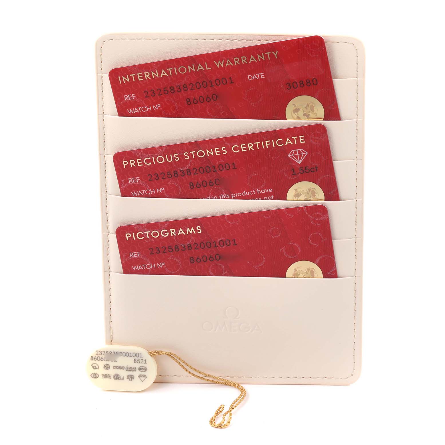 The image shows Omega certification cards and a tag for the Seamaster Planet Ocean Rose Gold Diamond Watch model 232.58.38.20.01.001.