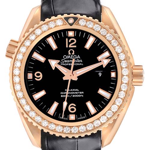 The Omega Seamaster Planet Ocean Rose Gold Diamond Watch is shown from the front, highlighting the diamond bezel and black dial.