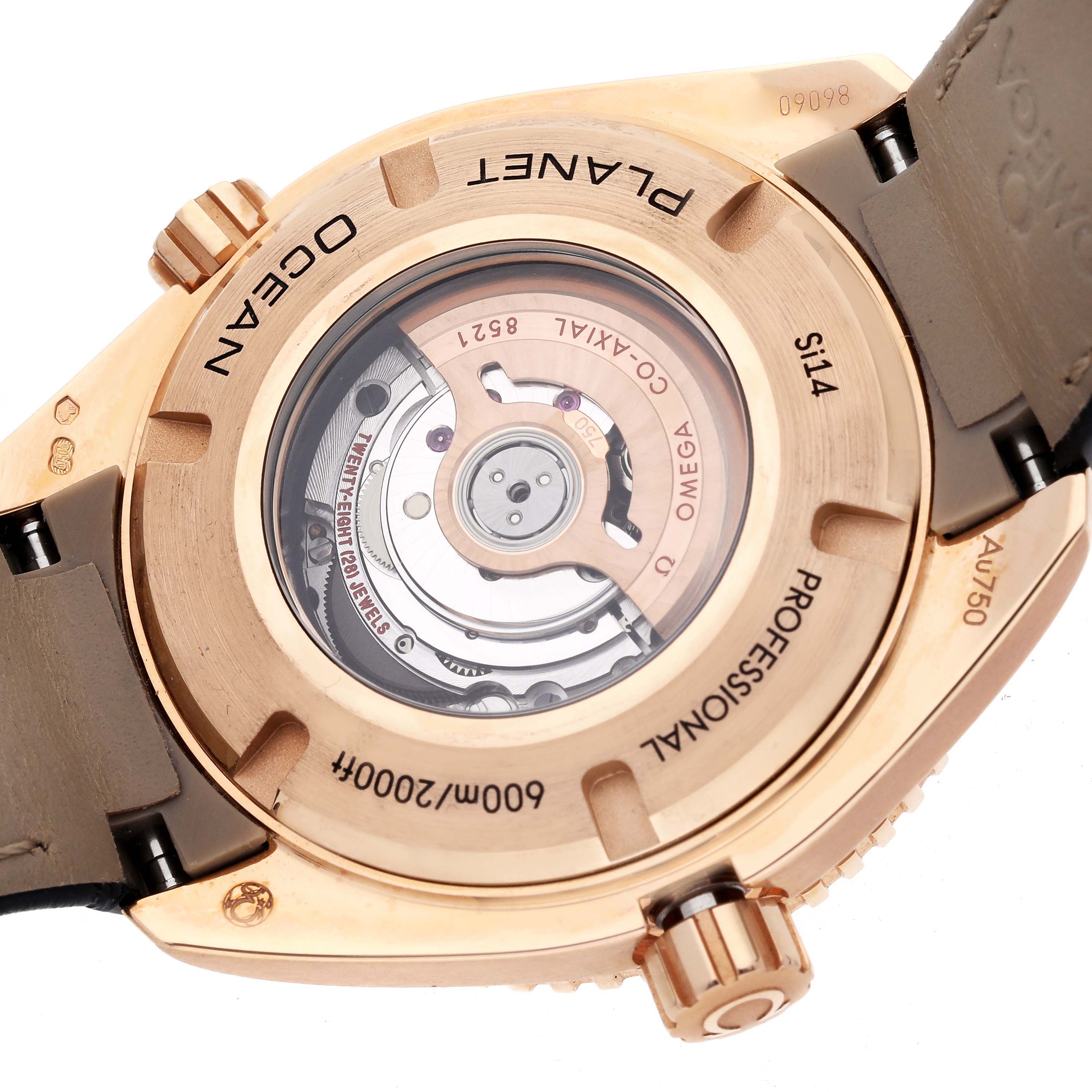 The image shows the back view of the Omega Seamaster Planet Ocean Rose Gold Diamond Watch, highlighting its transparent case back.