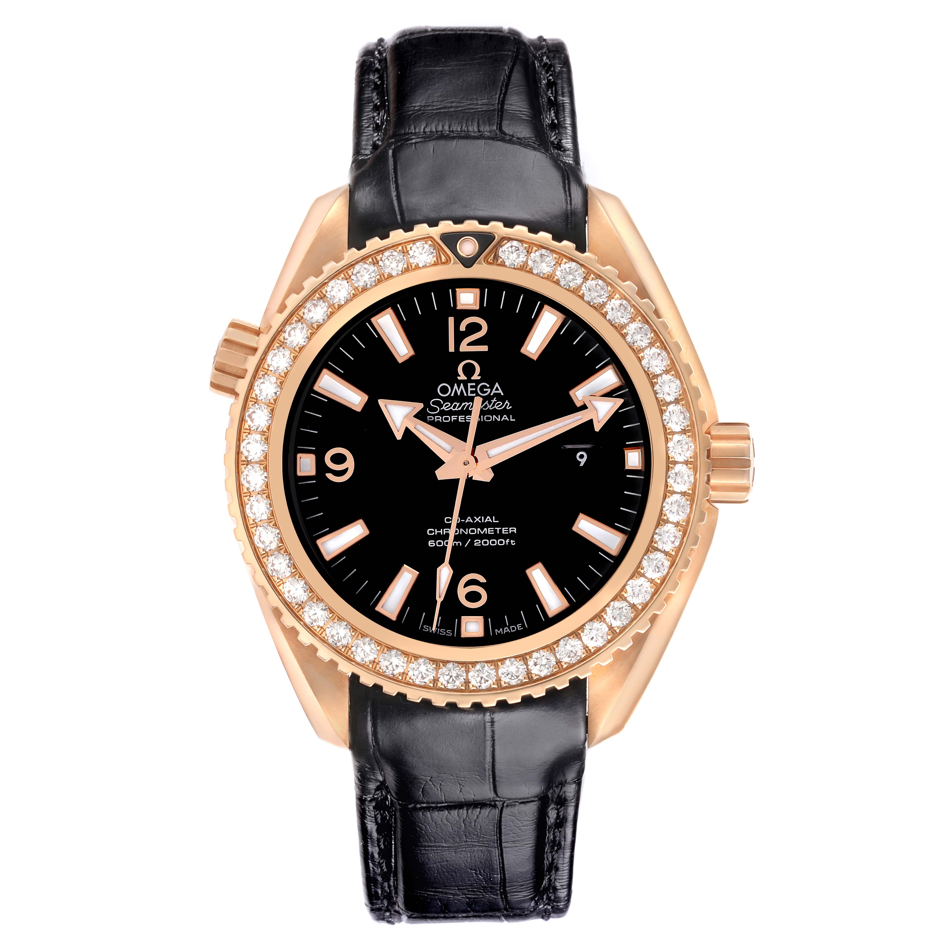 The Omega Seamaster Planet Ocean Rose Gold Diamond Watch is shown from a front angle, highlighting the bezel, dial, and strap.