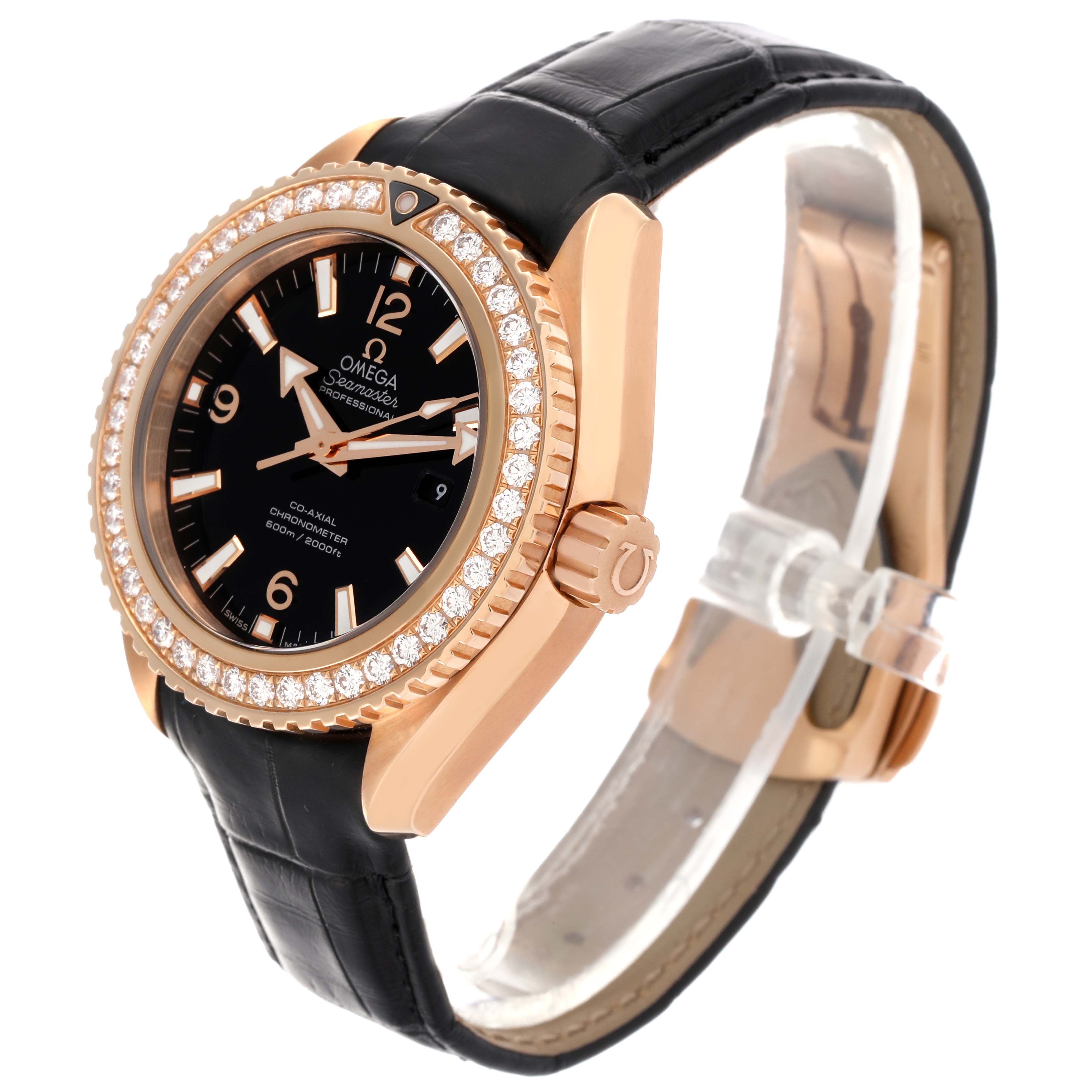 The image shows a side angle of the Omega Seamaster Planet Ocean Rose Gold Diamond Watch, highlighting the bezel, crown, and strap.