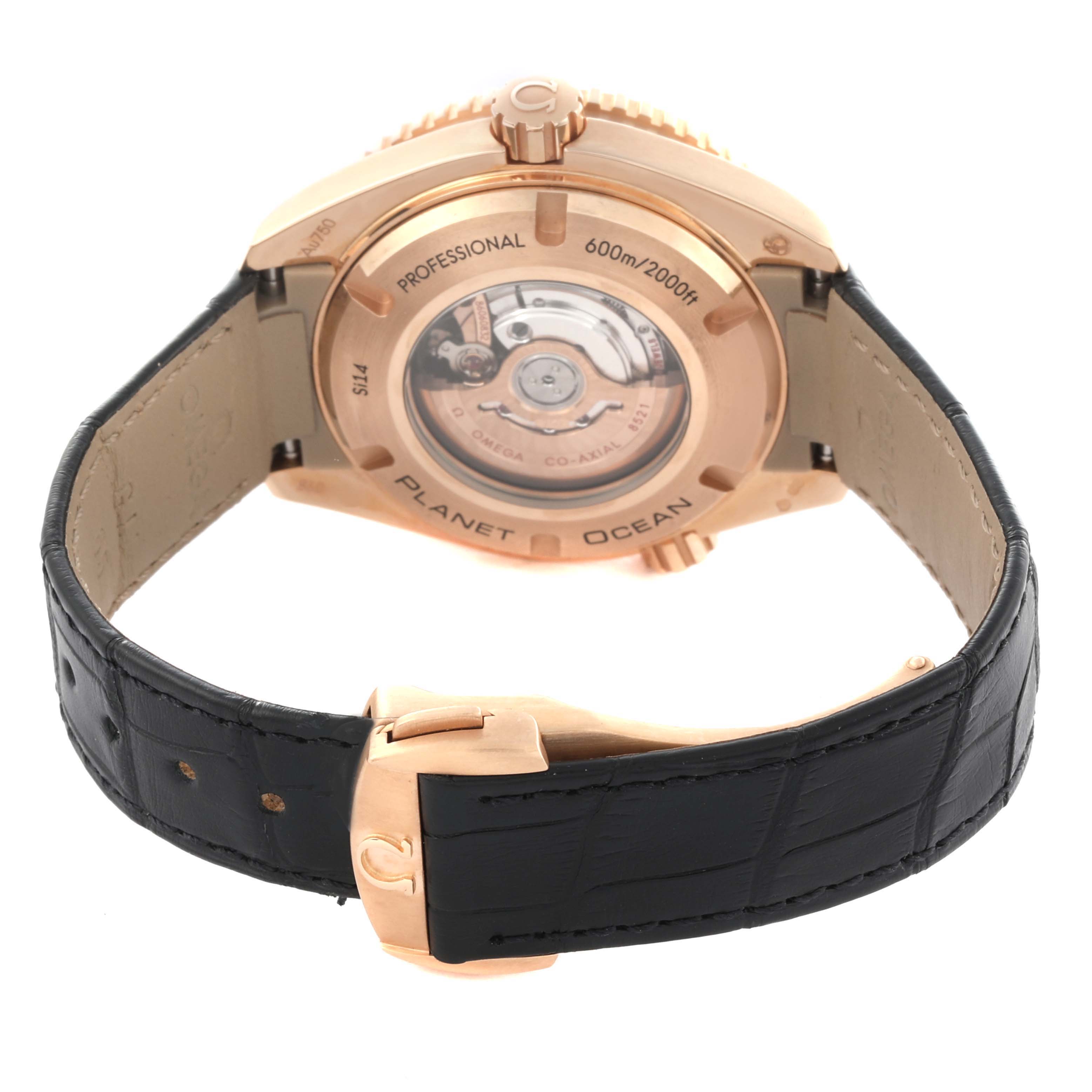 The Omega Seamaster Planet Ocean Rose Gold Diamond Watch is shown from the back, highlighting the transparent case back and strap.