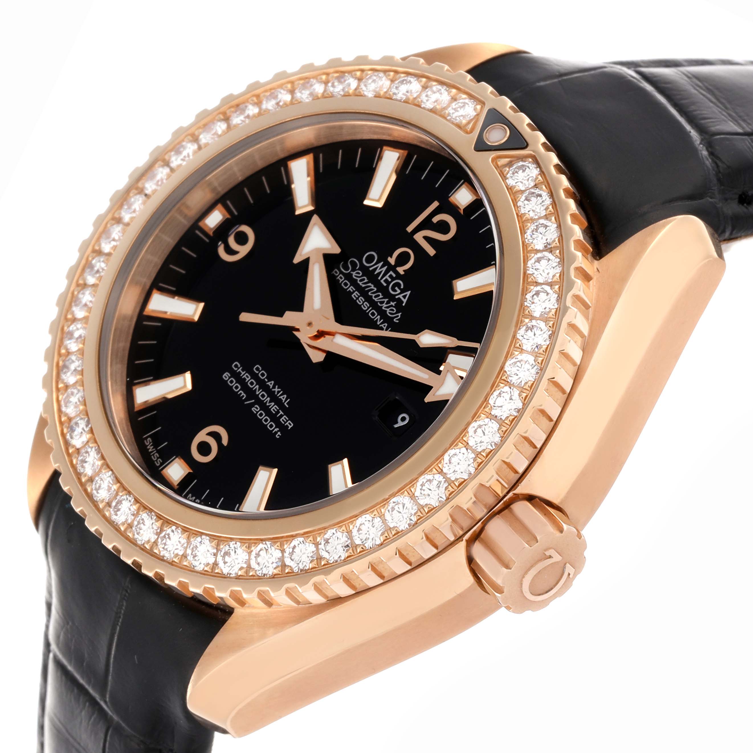 The image shows a side angle of the Omega Seamaster Planet Ocean Rose Gold Diamond Watch, highlighting its bezel and crown.