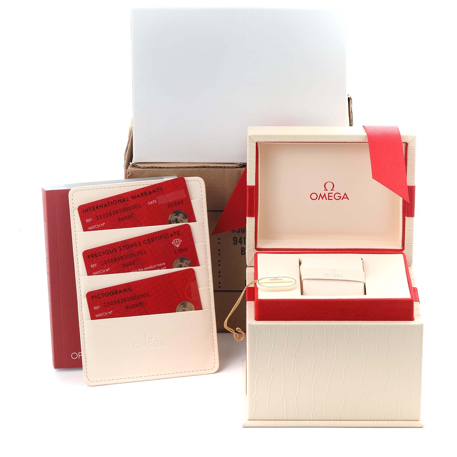 The image shows the packaging, warranty cards, and box of the Omega Seamaster Planet Ocean Rose Gold Diamond Watch.