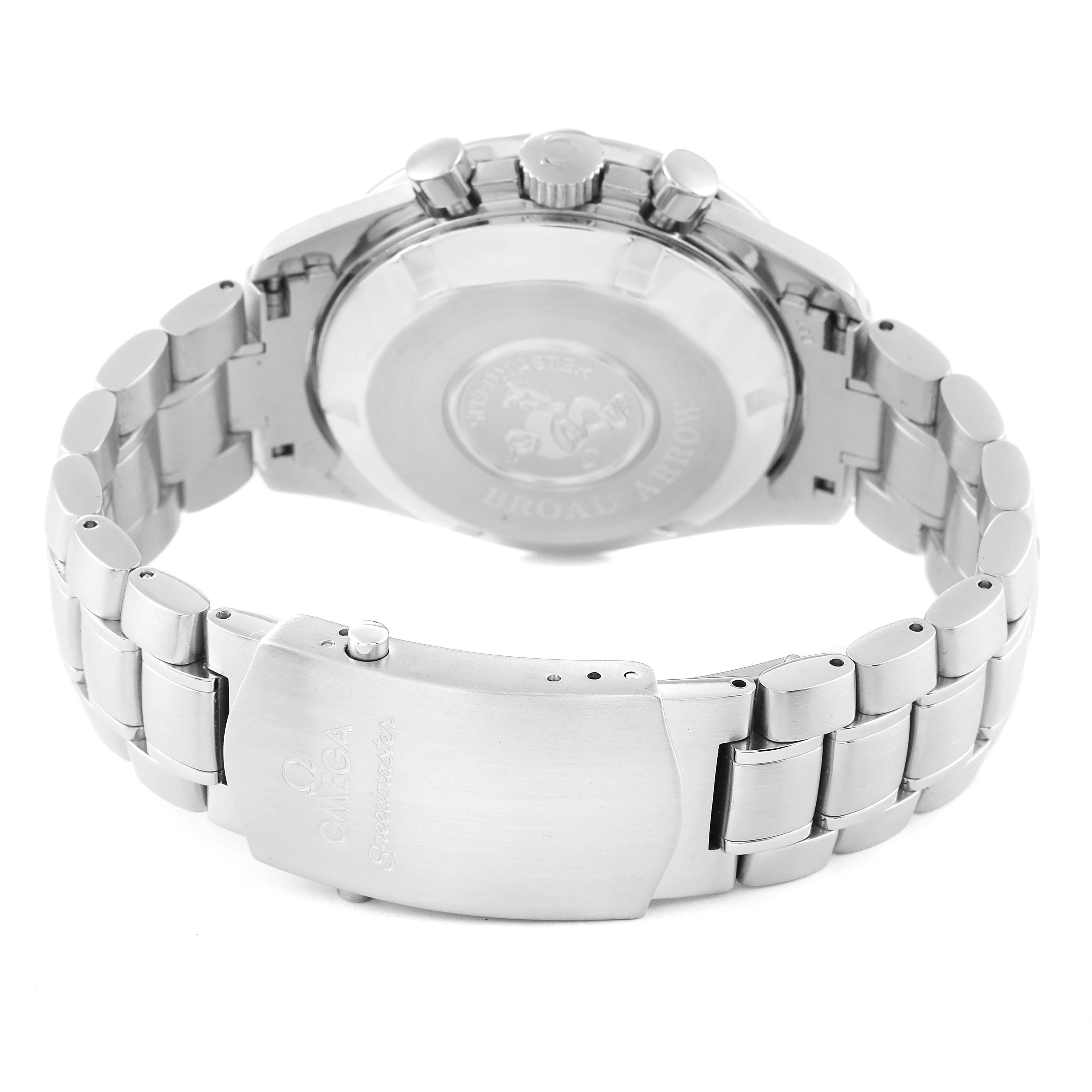 The image shows the back case and bracelet clasp of an Omega Speedmaster 3551.20.00 Men's Stainless Steel White Dial 3551.20.00 Men's Stainless Steel White Dial watch from a rear angle.
