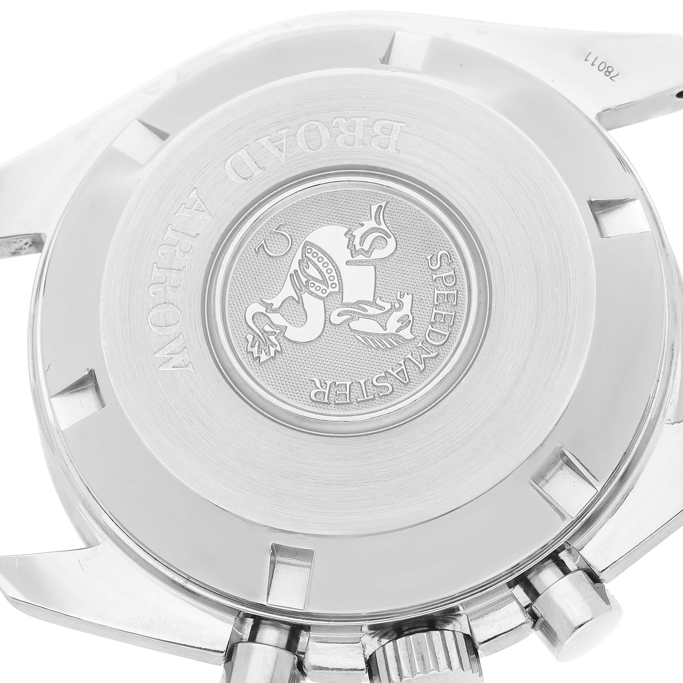 The image shows the case back and pushers of an Omega Speedmaster 3551.20.00 Men's Stainless Steel White Dial 3551.20.00 Men's Stainless Steel White Dial model watch at a slightly tilted angle.