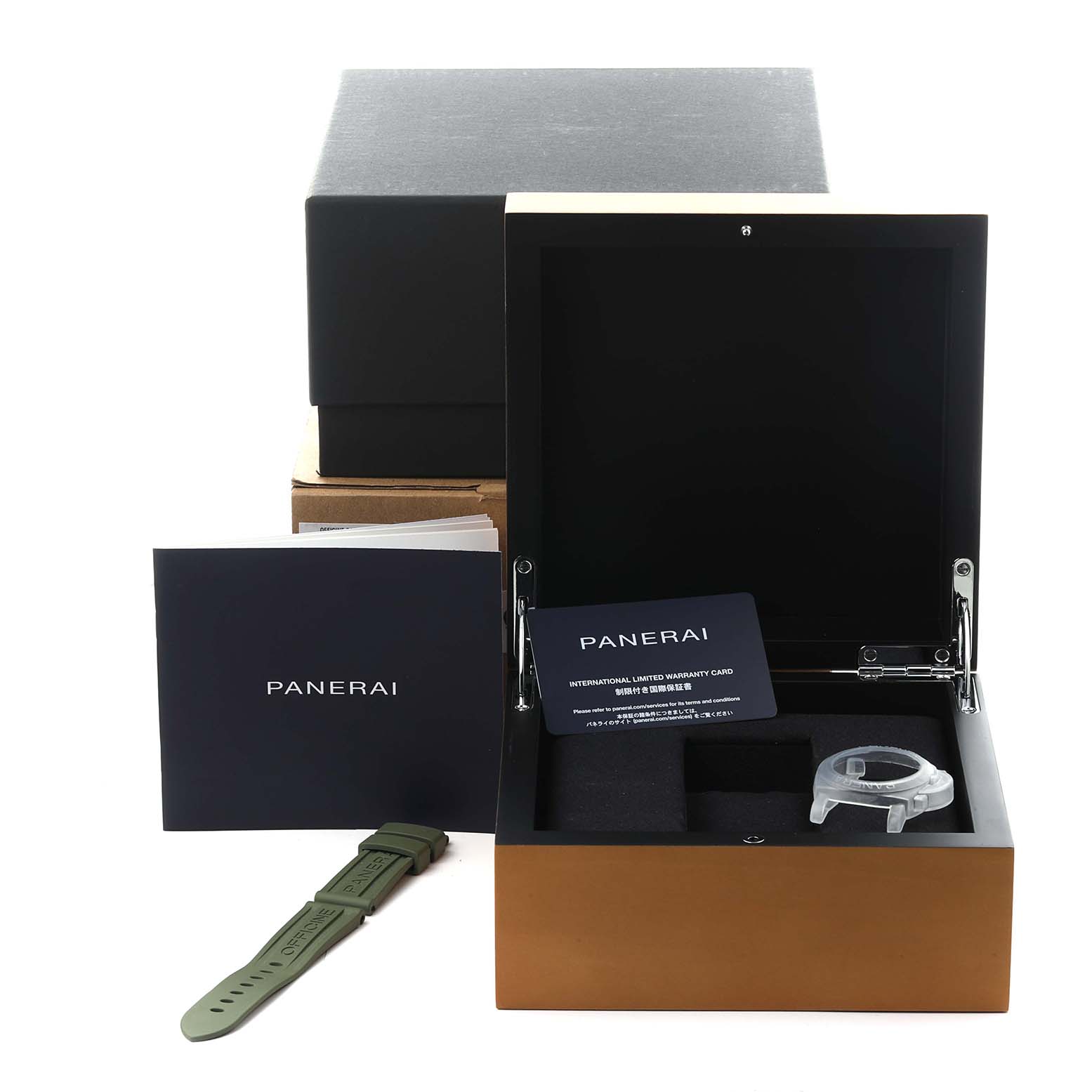The image shows a Panerai Luminor PAM01371 Men's Stainless Steel White Dial PAM01371 Men's Stainless Steel White Dial watch box, warranty card, strap, and protective case from a top angle.
