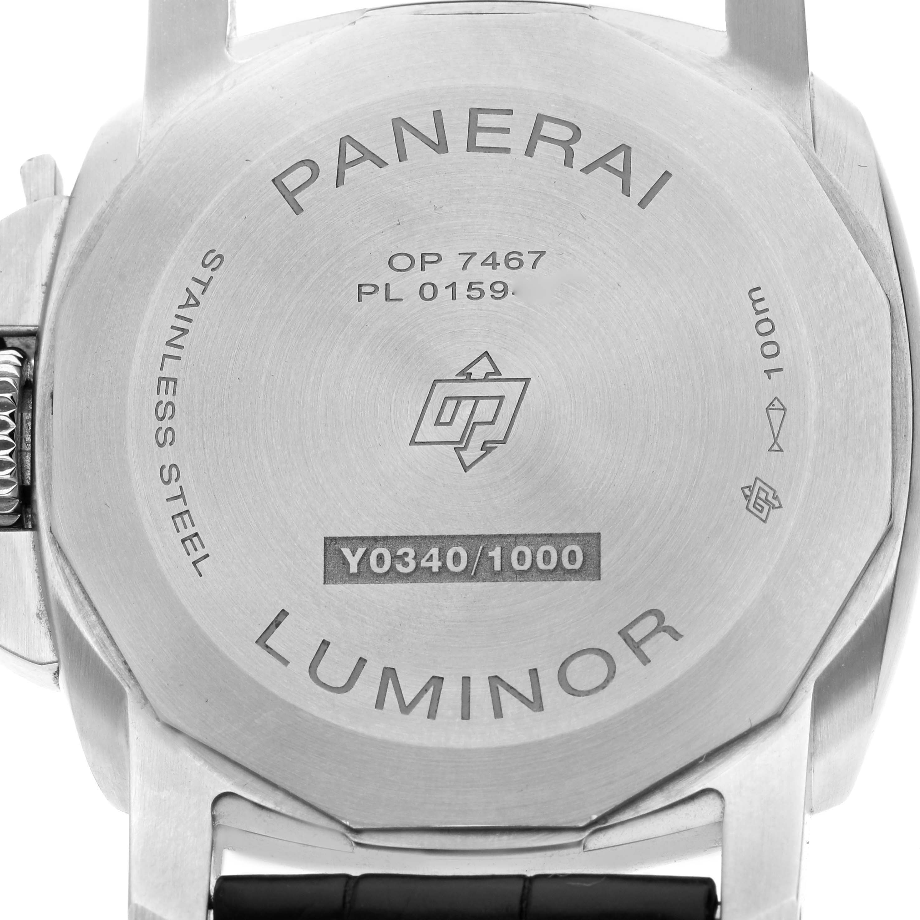 The image shows the back of the Panerai Luminor PAM01371 Men's Stainless Steel White Dial PAM01371 Men's Stainless Steel White Dial watch, highlighting its stainless steel case and engravings.