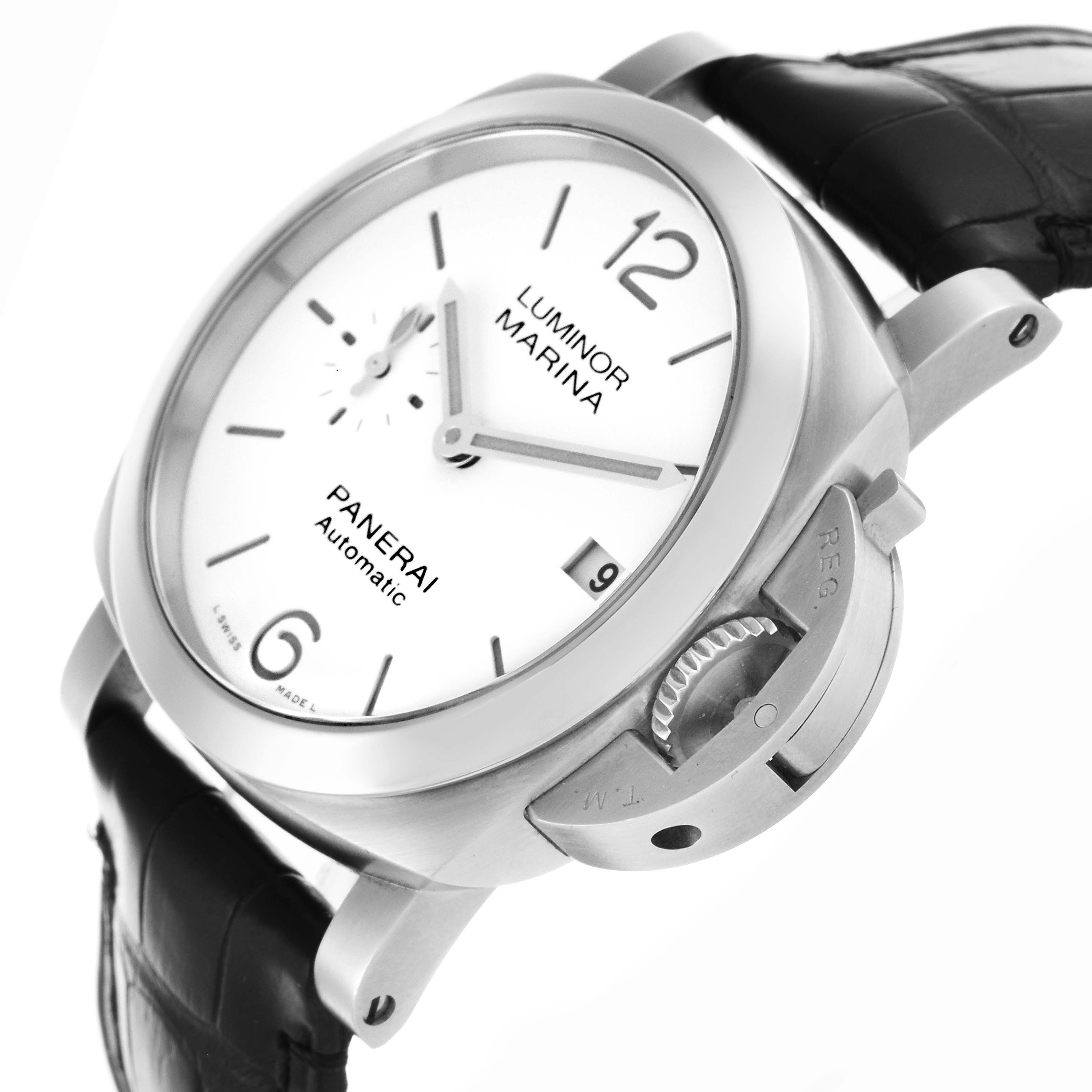 The image shows a Panerai Luminor PAM01371 Men's Stainless Steel White Dial PAM01371 Men's Stainless Steel White Dial model watch at an angle highlighting the dial, crown guard, and strap.