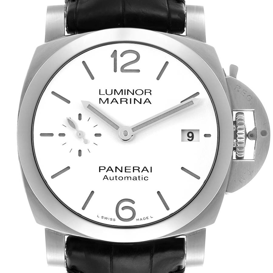 The Panerai Luminor watch is shown from a front angle, highlighting the dial, date window, and crown guard.