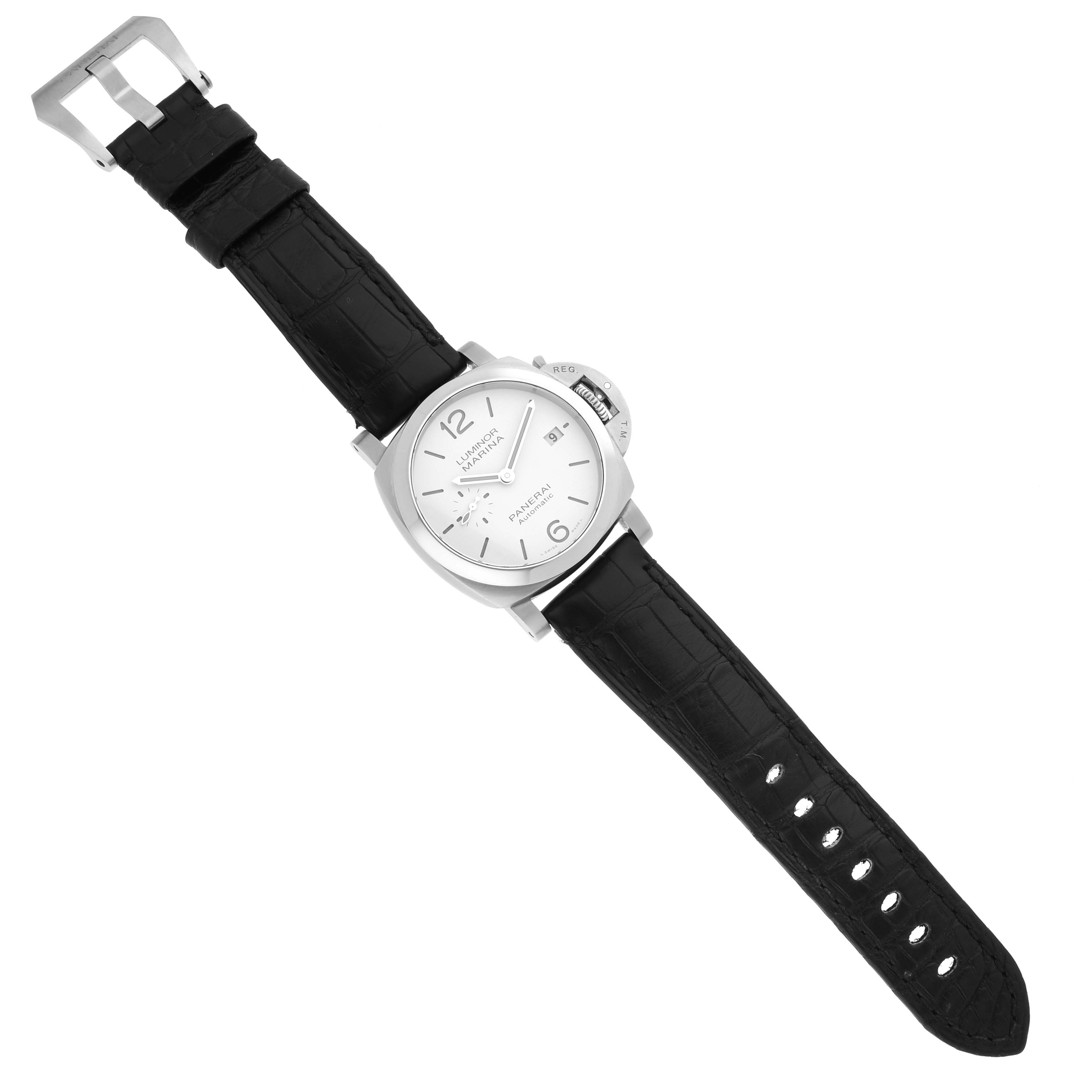 The Panerai Luminor PAM01371 Men's Stainless Steel White Dial PAM01371 Men's Stainless Steel White Dial watch is shown from a top-down angle, displaying the face, crown, and full strap.